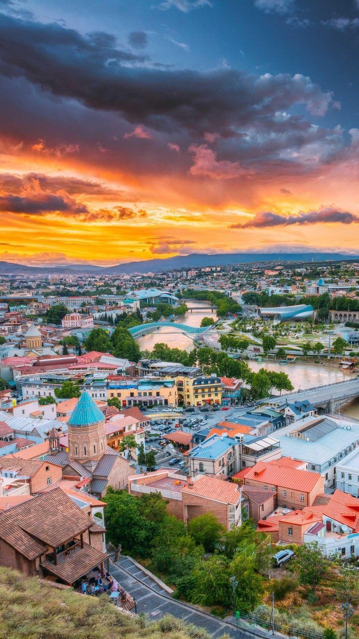 720x1280 Tbilisi, Georgia at Sunset. Tbilisi map background, Colorful tbilisi travel poster, Georgia aesthetic wallpaper