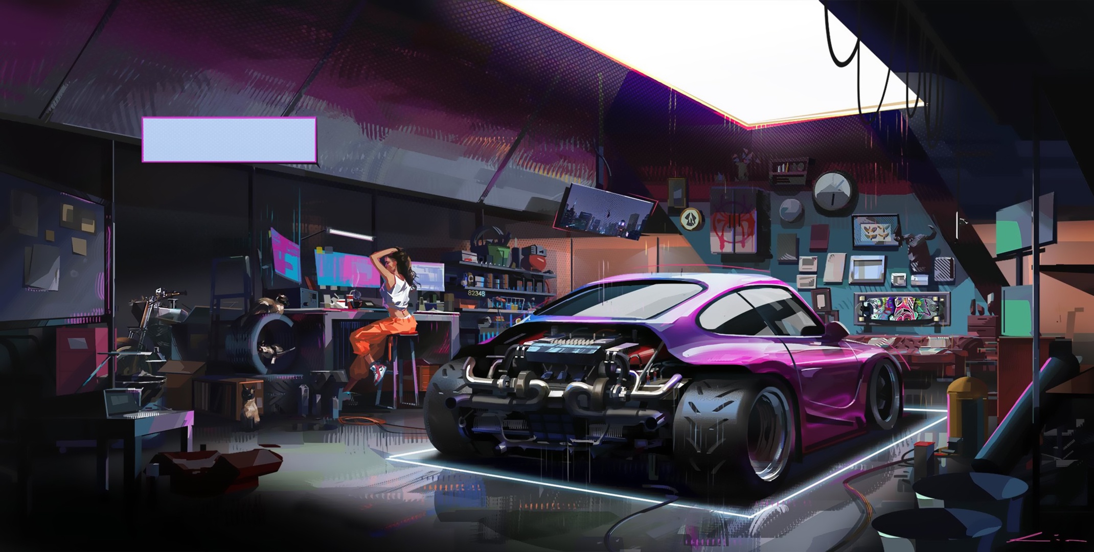2140x1080 Wallpaper car, machine, auto, girl, figure, garage, Porsche, girl for mobile and desktop, section арт, resolution 2140x1080
