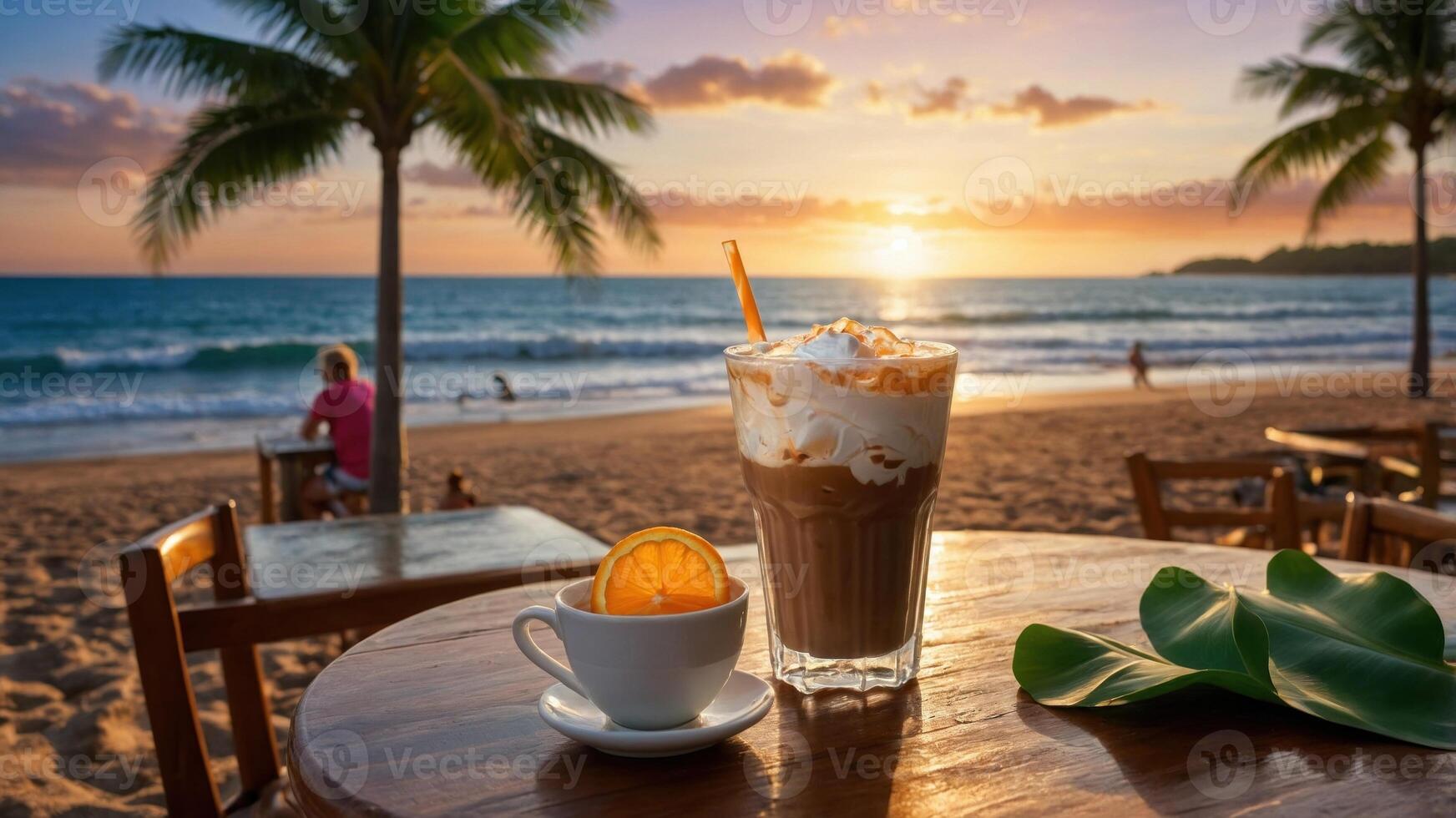 1744x980 Refreshing iced coffee and a cup of espresso on a beachside table during a vibrant sunset