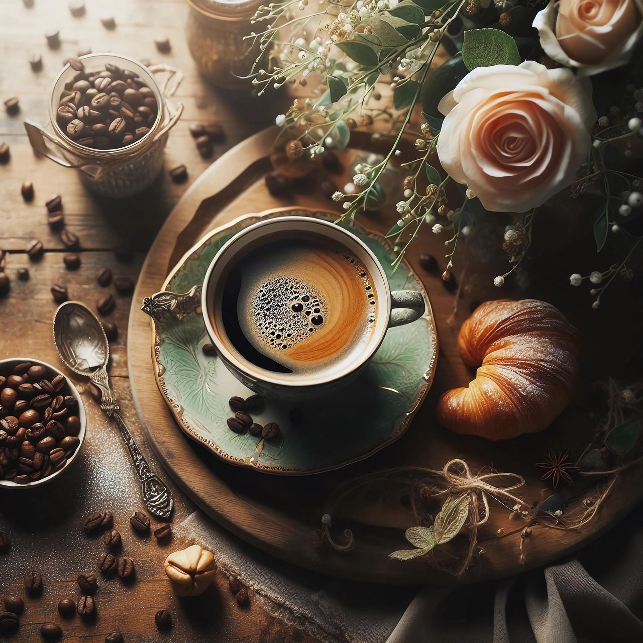1280x1280 Download Ai Generated Coffee Still Life. Royalty Free Stock Illustration Image