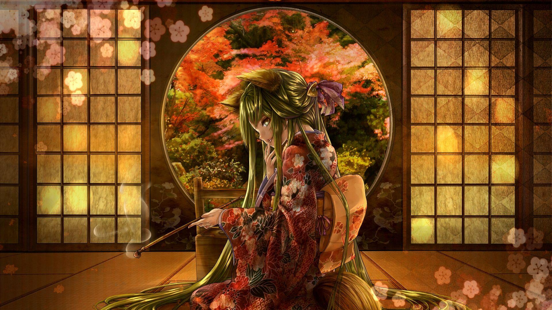 1920x1080 flowers, smoking, kimono, room, fox tail, girl, Fox Ears, pipe