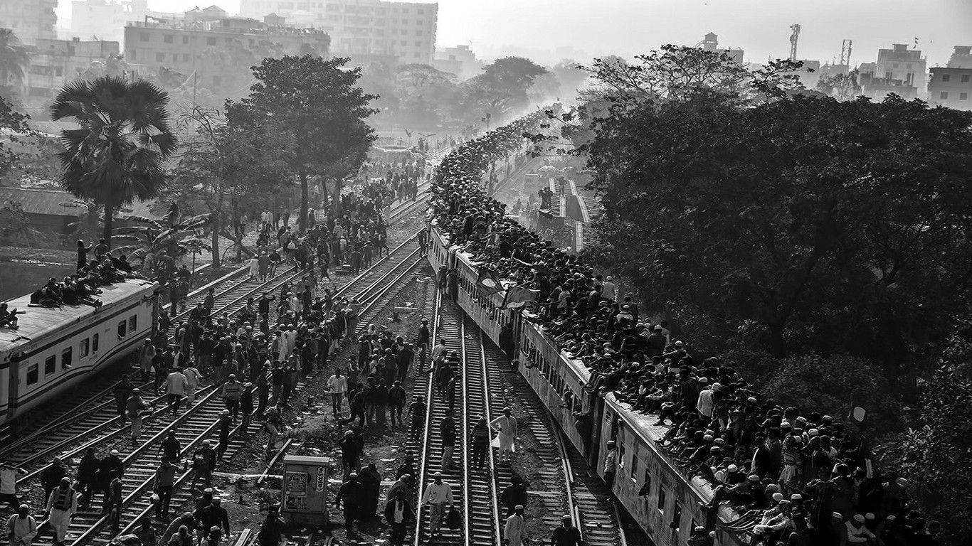 1366x768 people, Pilgrims, Photography, Landscape, Monochrome, City, Train, Muslim, Building, Trees, Bangladesh Wallpaper HD / Desktop and Mobile Background