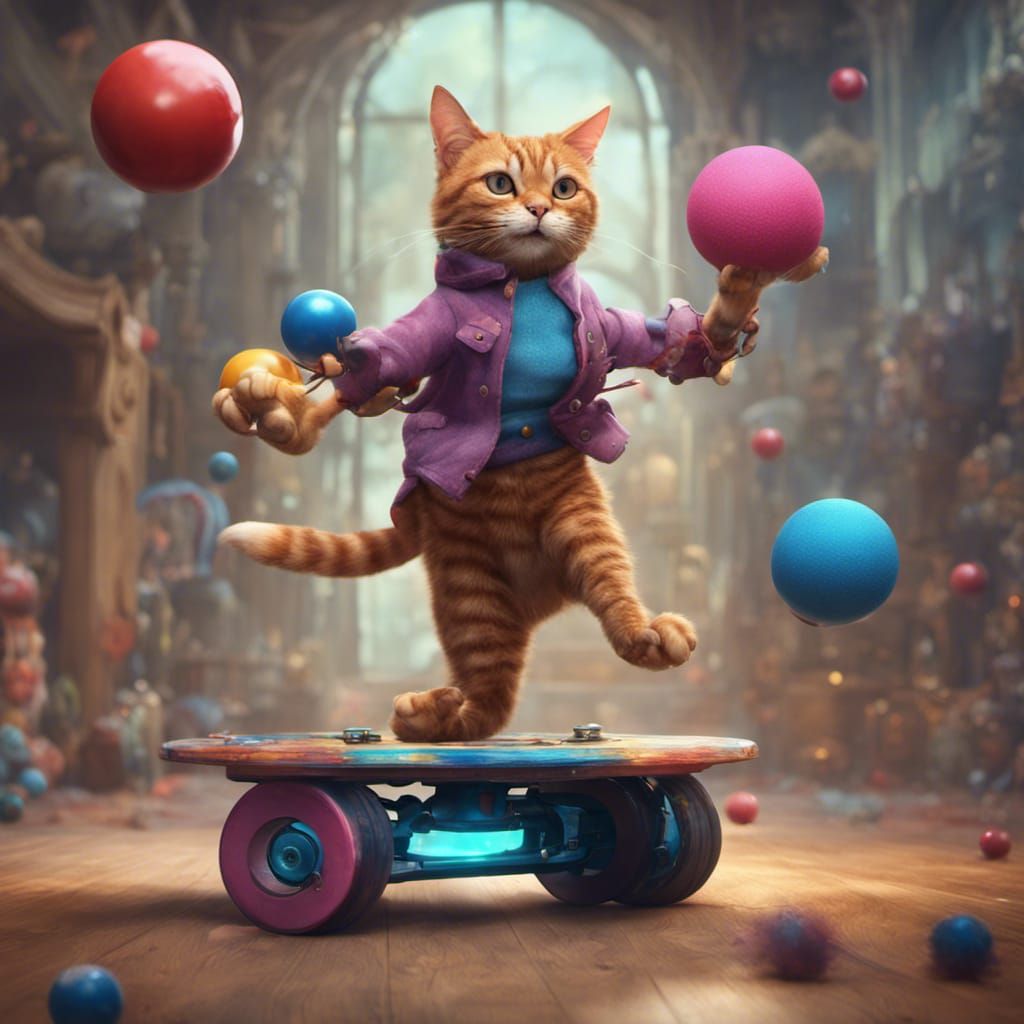 1024x1024 Cat Juggling on Roller Skates: Detailed Matte Pain
