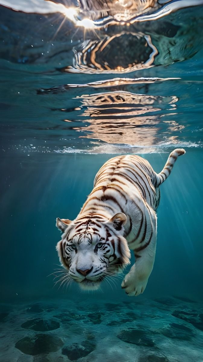 673x1201 A White Tiger Swimming Underwater at Sunset for Your Phone Wallpaper