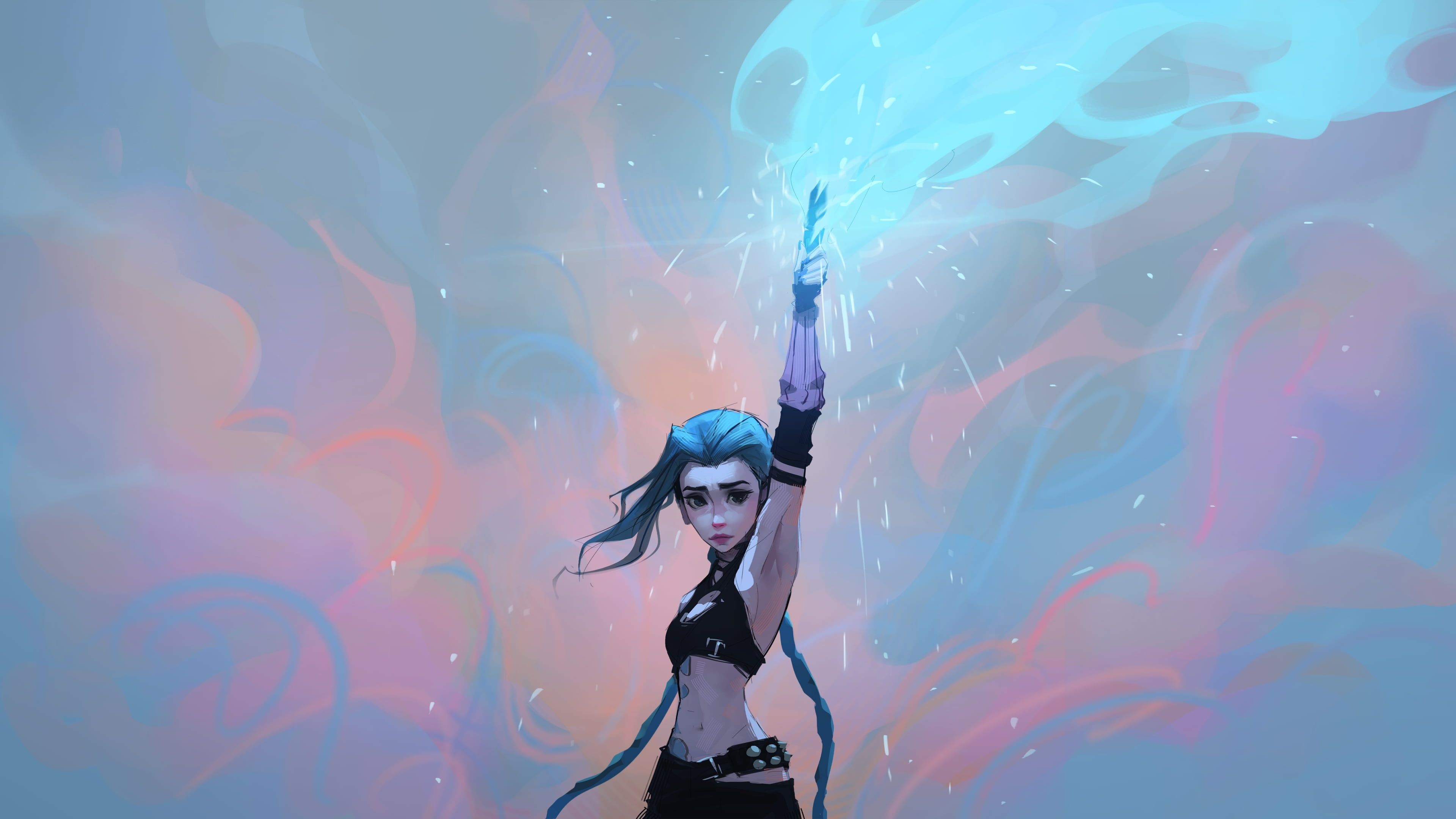 3840x2160 Wallpaper girl, gesture, blue hair, digital art, Jinx, raised hand, Sam Yang, Sam Young for mobile and desktop, section арт, resolution 3840x2160