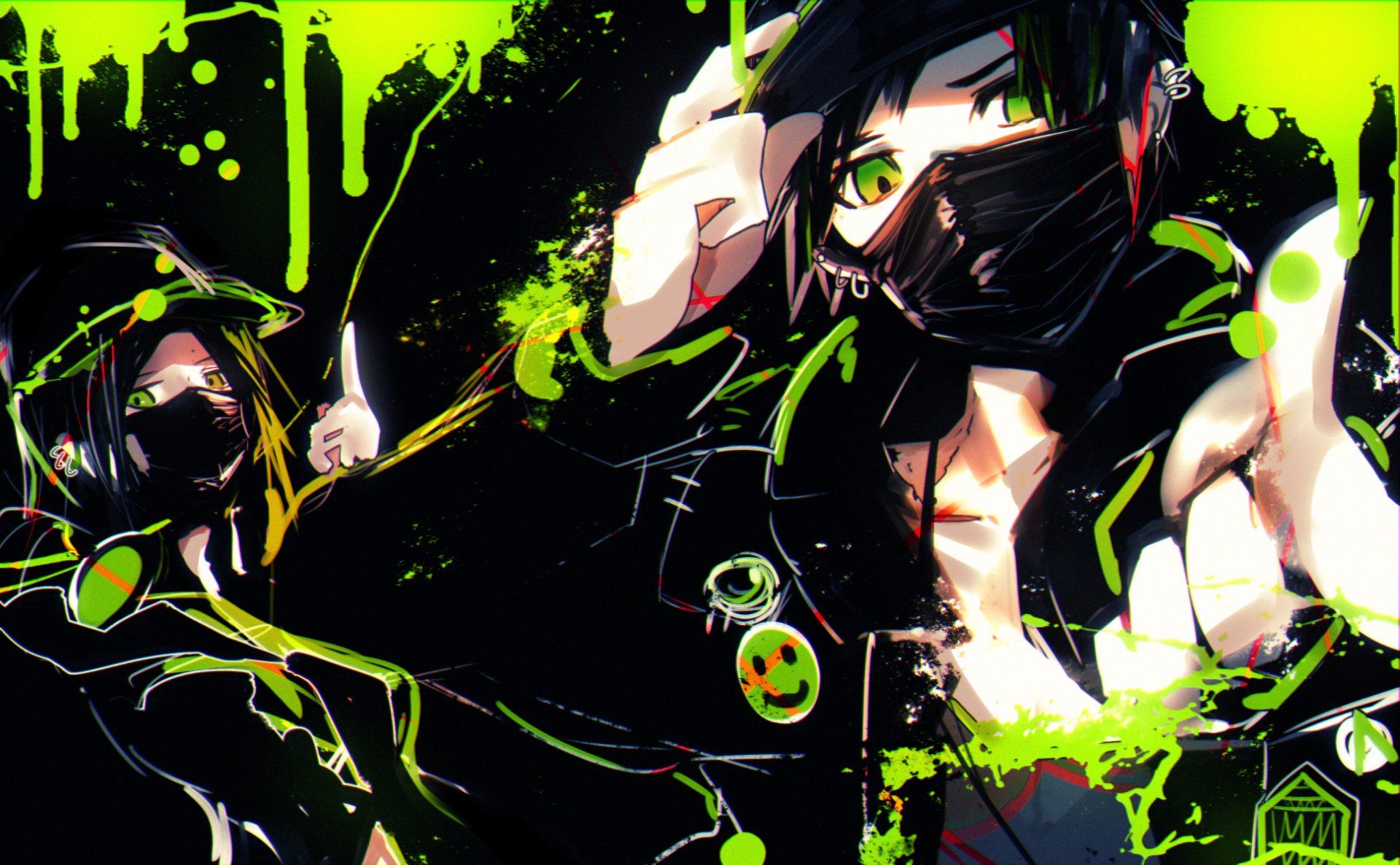 1920x1186 Vivid Heterochrome: Anime Rebel with Green Eyes & Neon Flair