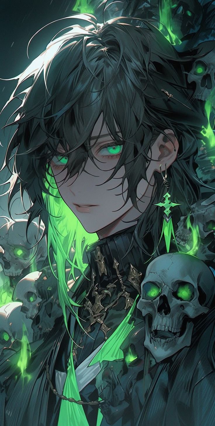 736x1457 Dark green hair men. Demon with green eyes, Green demon wallpaper, Green characters