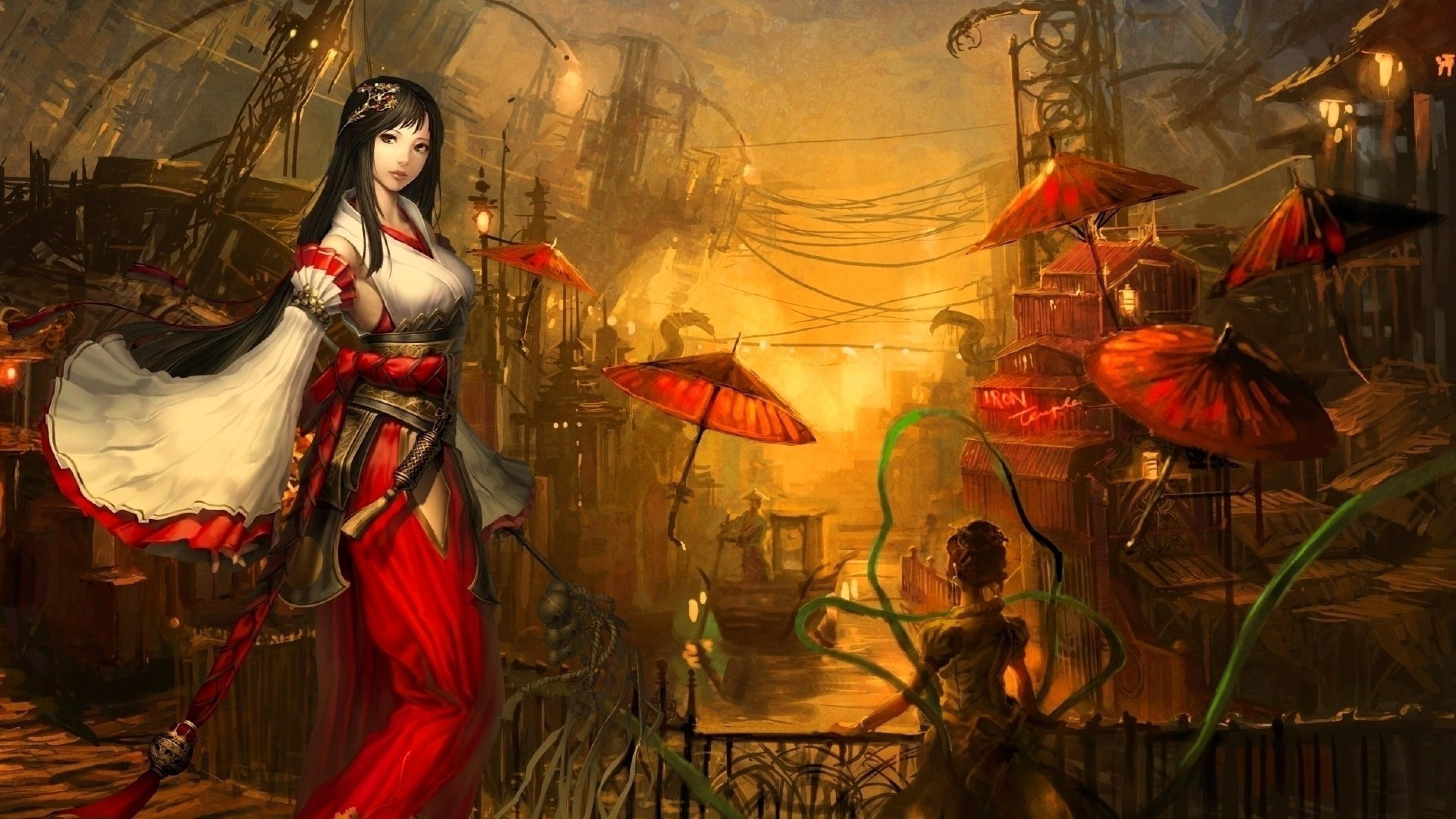3840x2160 Wallpaper Girl, Brunette, Passion, Weapons, Umbrellas, Kimonos, Red