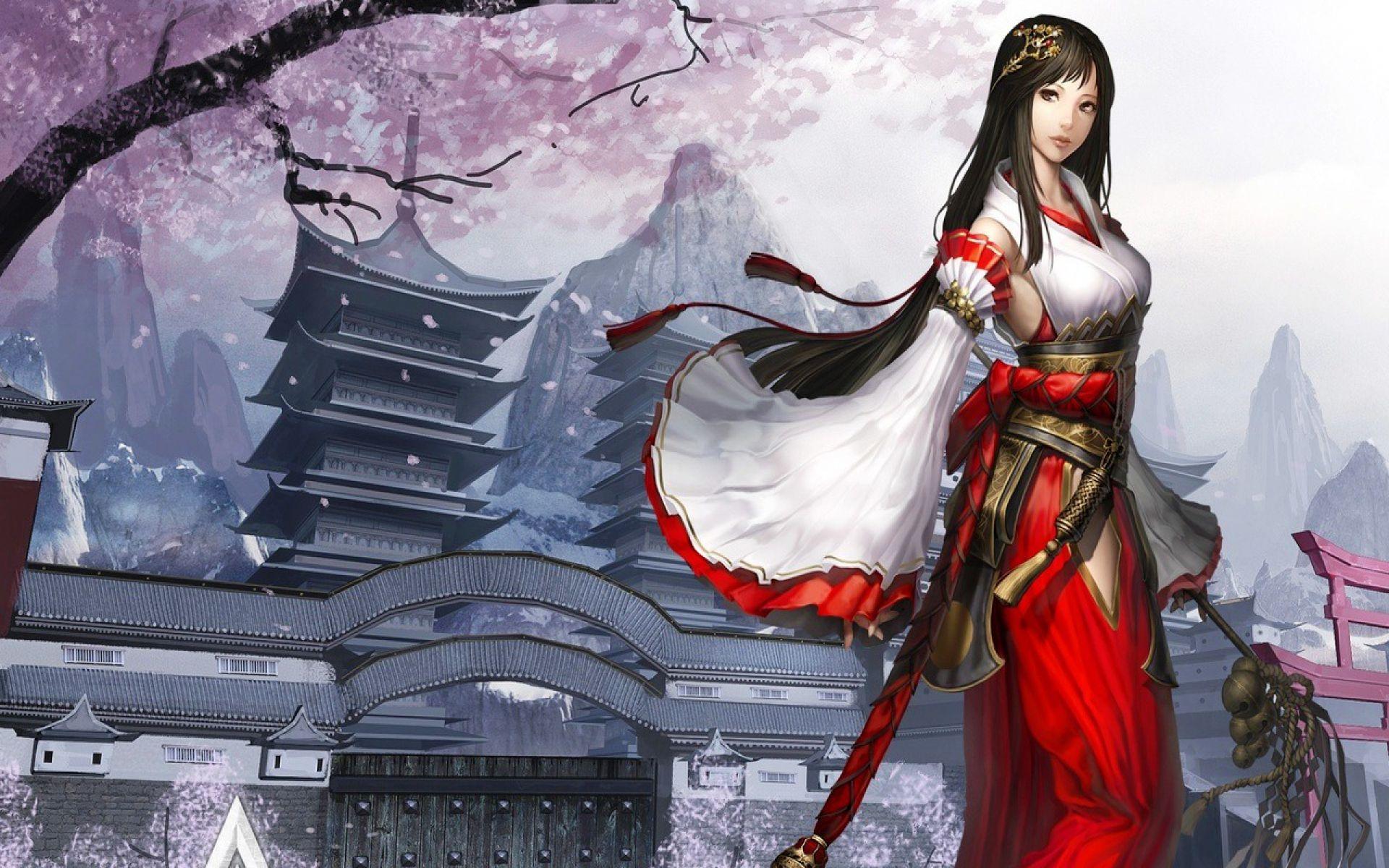 1920x1200 Woman Brunette Kimono Temple desktop PC and Mac wallpaper