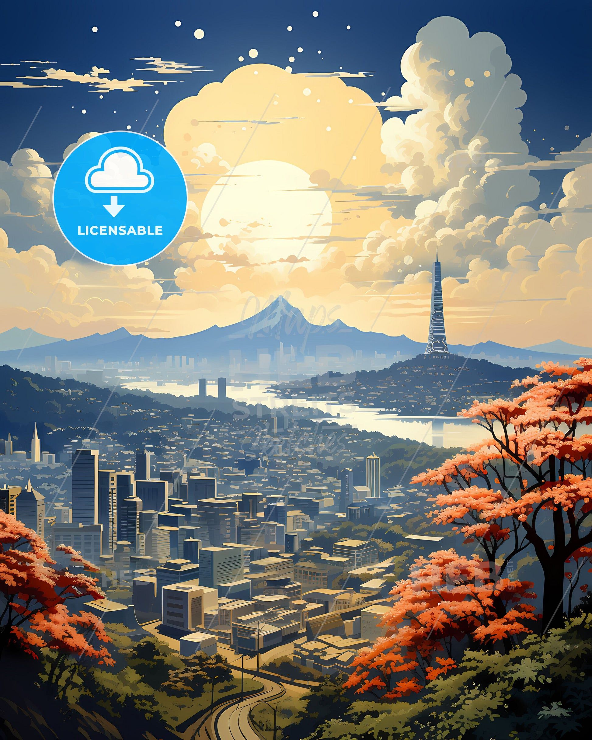 1946x2433 Kigali Rwanda City Skyline Landscape Painting Art Africa Vibrant Trees Mountains