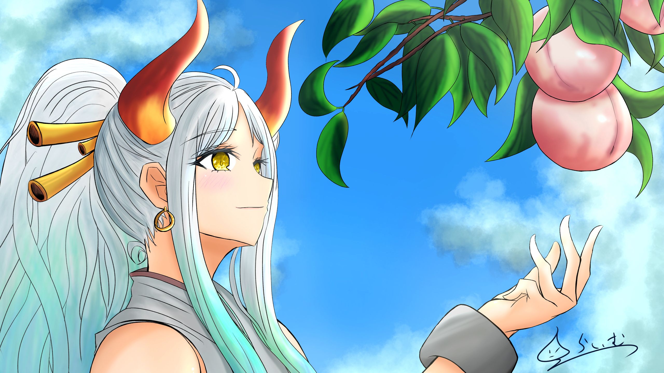 2560x1440 Yellow Eyes Yamato Long Hair Woman Blue Sky Background HD One Piece Wallpaper