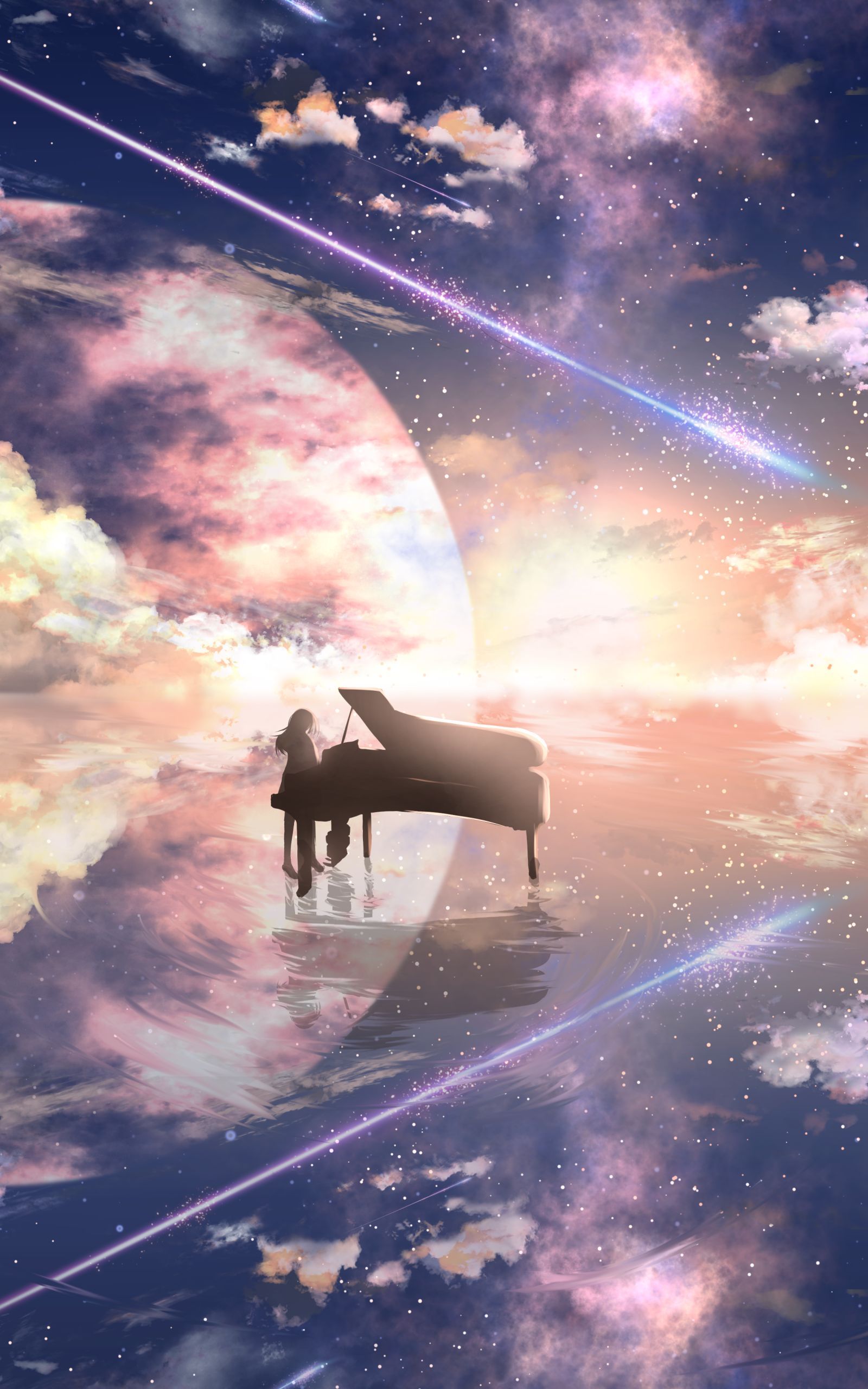 1600x2560 Phone wallpaper: Piano, Anime, Reflection, Shooting Star 1404703