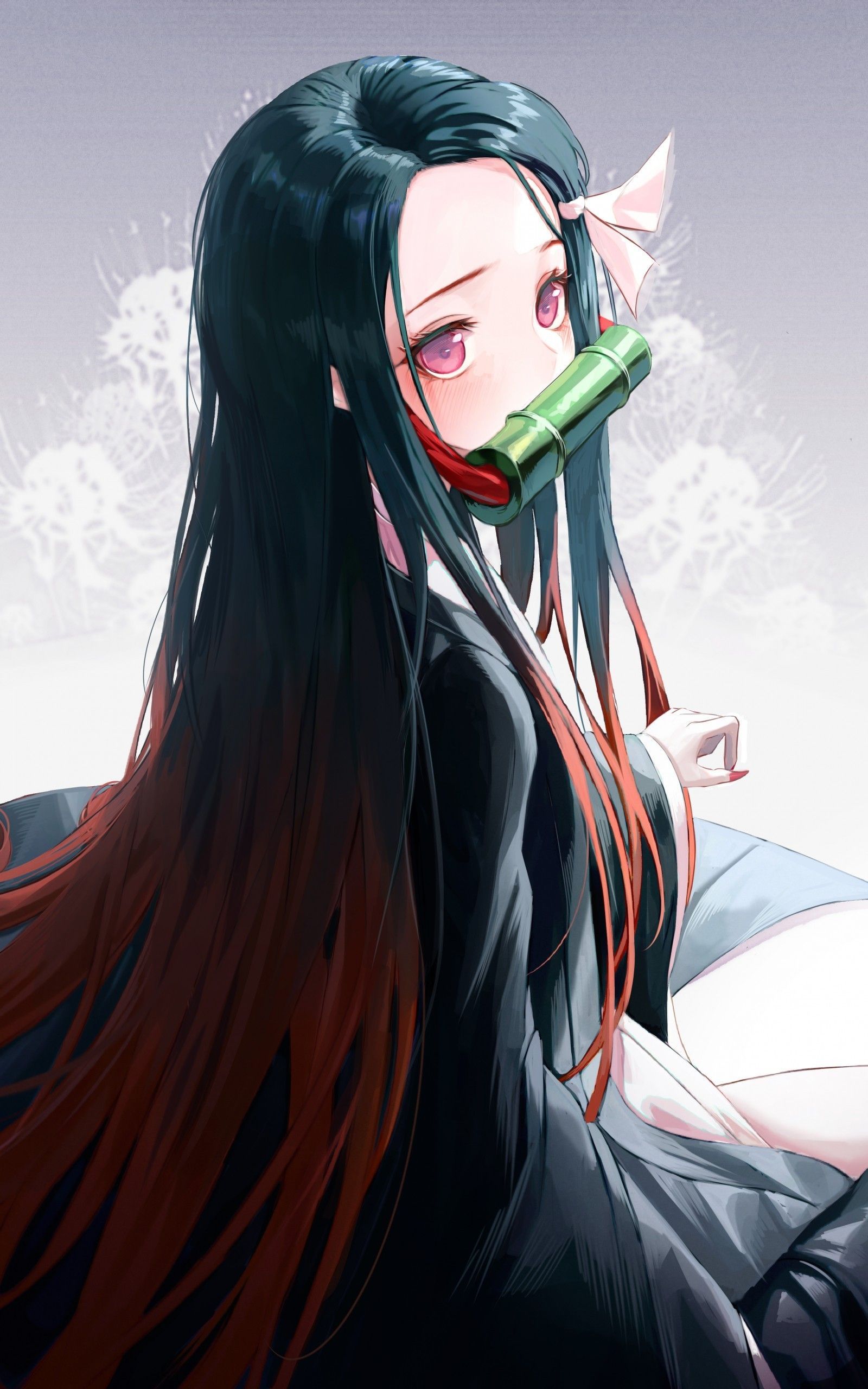 1600x2560 Cute Anime Long Hair Black Wallpaper