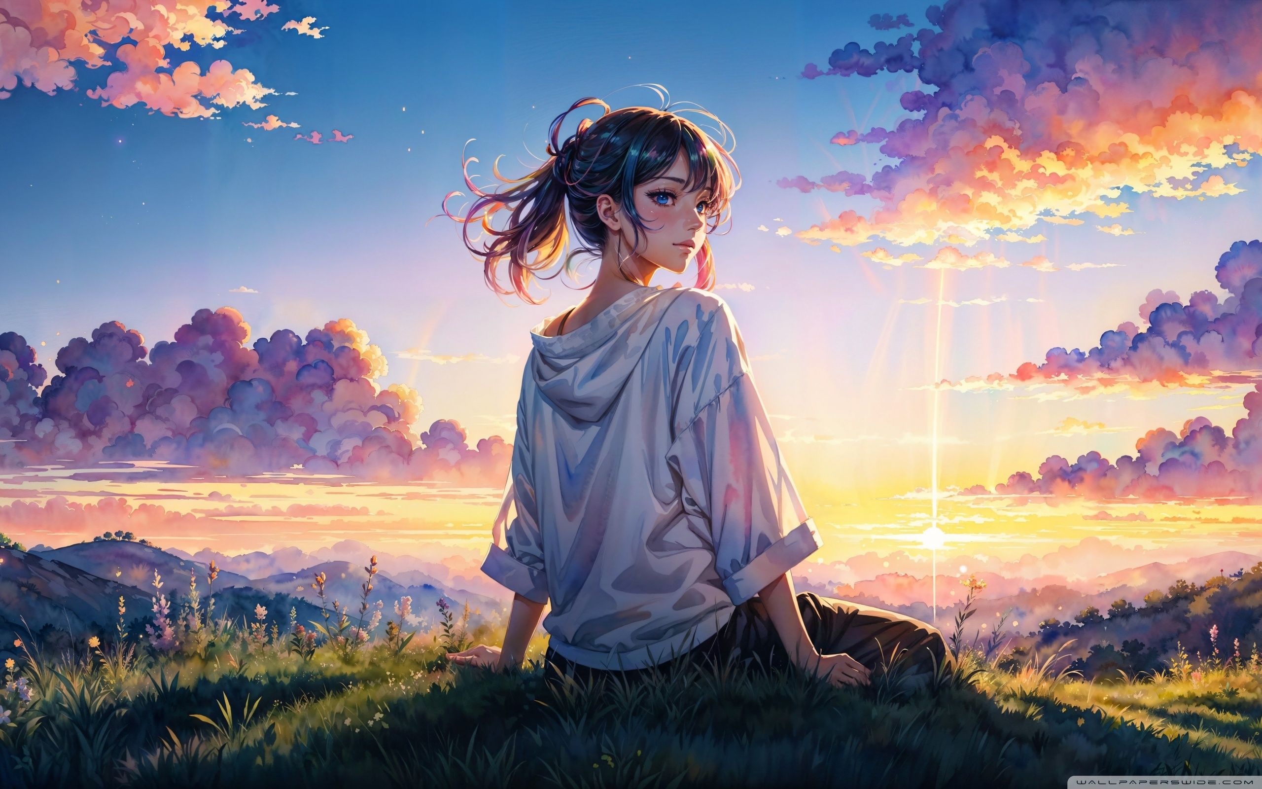 2560x1600 Anime Girl, Watching, Sunrise, Outdoors, Gentle Wind 4K UHD Wallpaper for UltraHD Desktop and TV : Widescreen and UltraWide Display : Dual Monitor : Smartphone and Tablet Devices