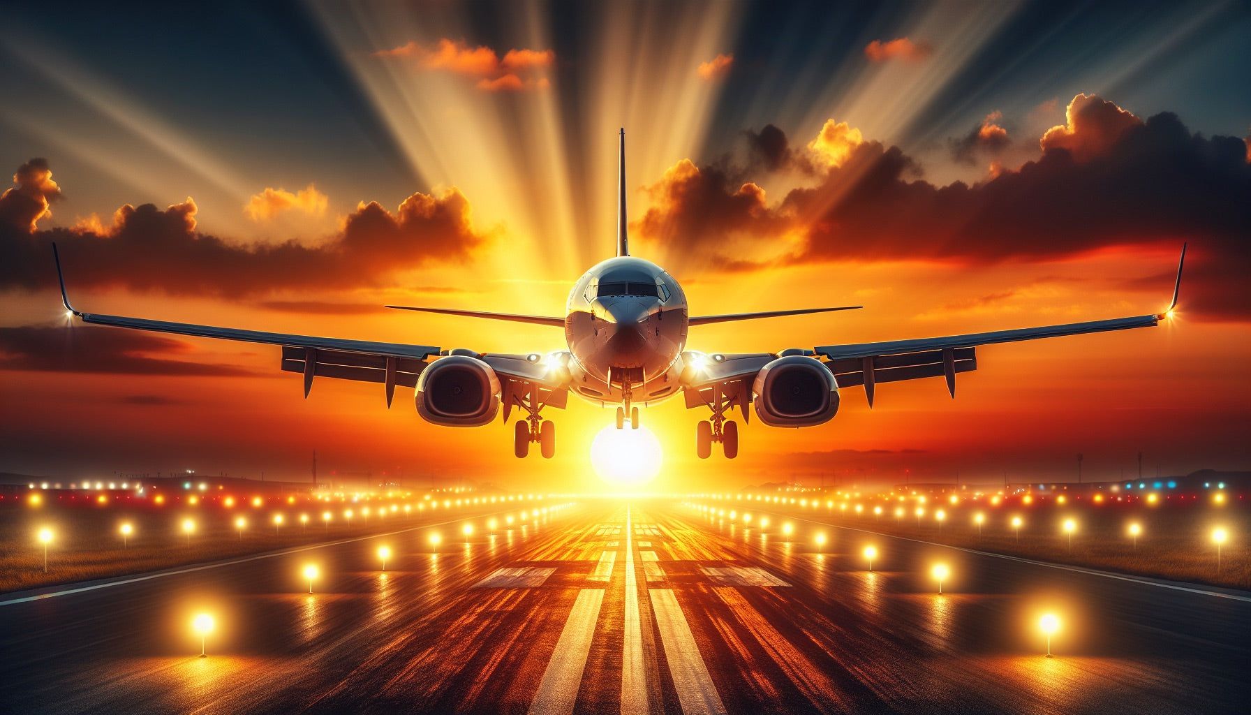 1792x1024 Airplane Mural Wallpaper. Sunset and Landing