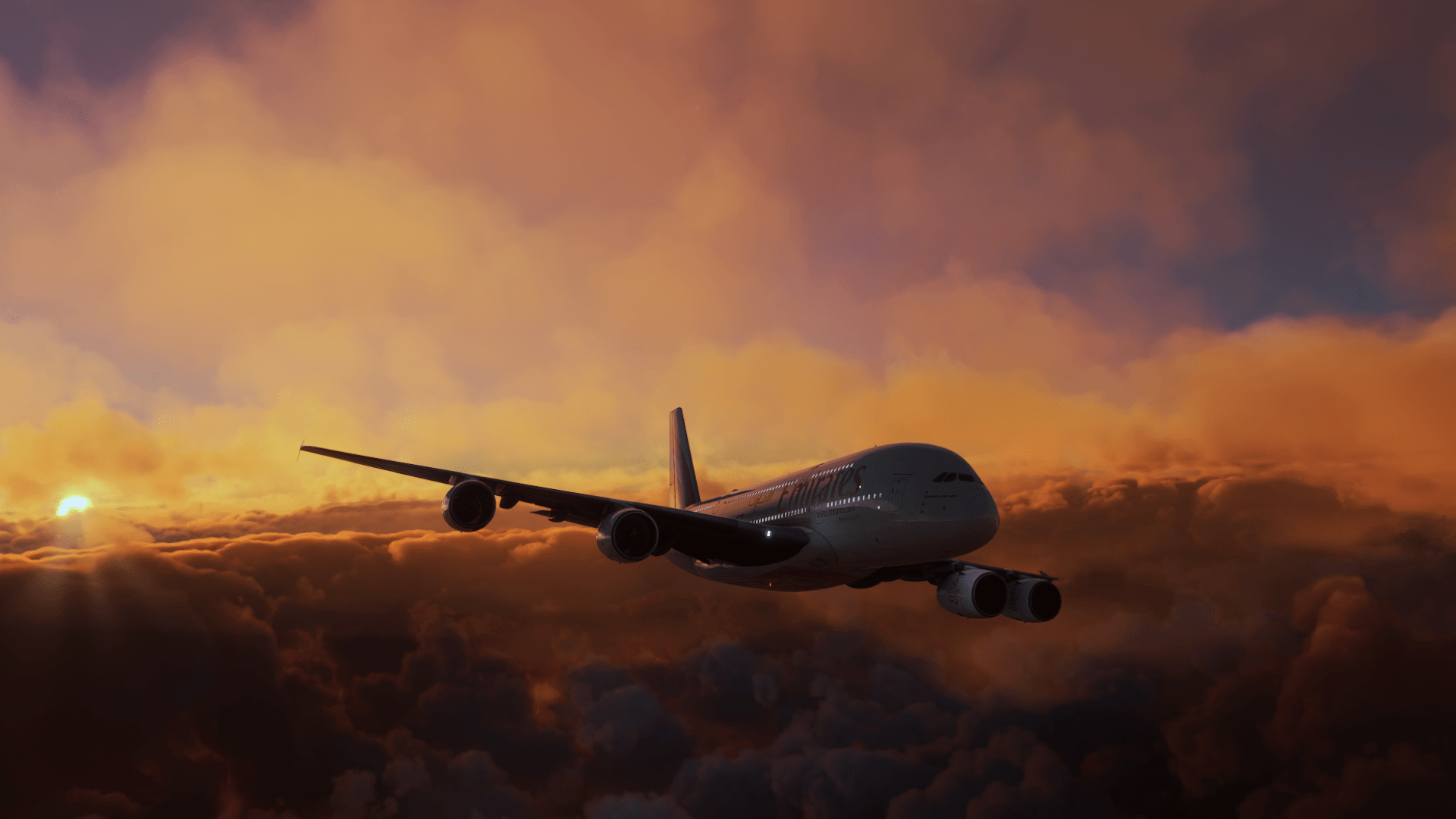 1920x1080 Emirates A380 ft. beautiful sunset at 000 ft