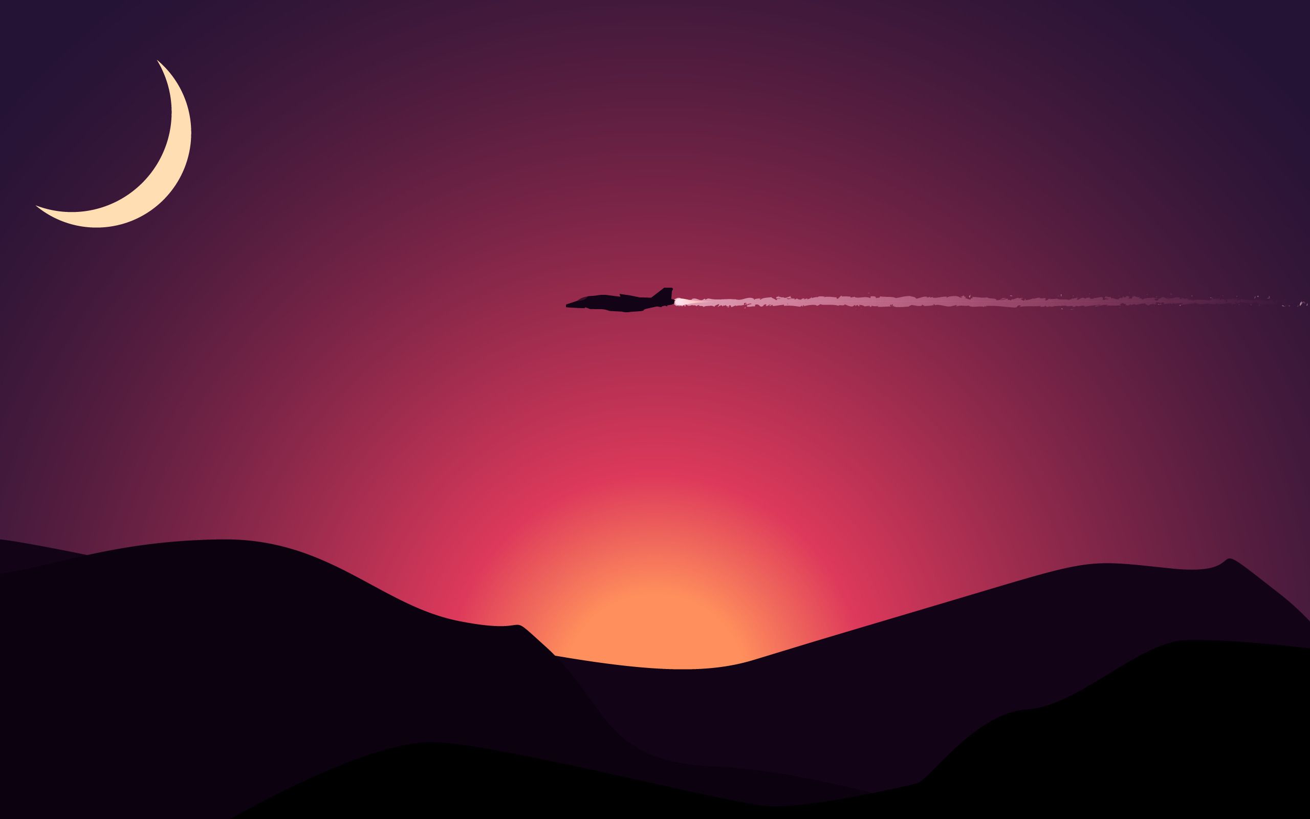 2560x1600 aircraft, Sunset, Minimalism, Mountain, Moon, Digital Art Wallpaper HD / Desktop and Mobile Background