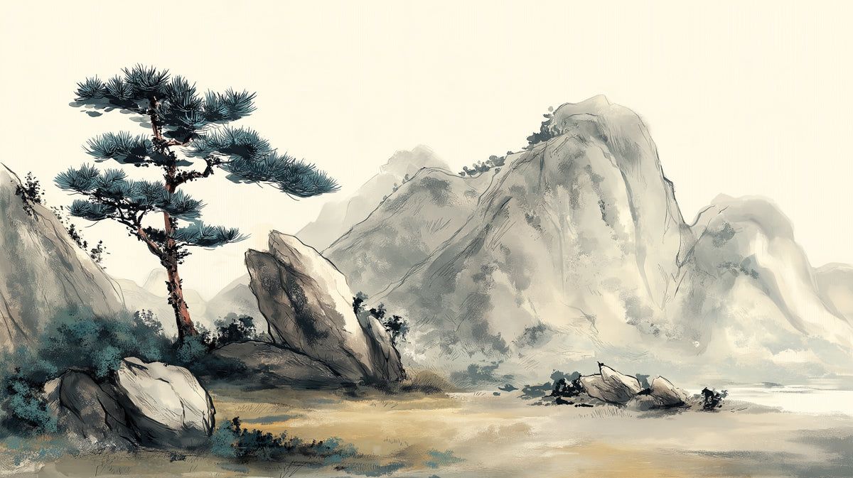 1200x673 Tusche Pinien & Granit Wandbild Zen Landschaftsdekoration