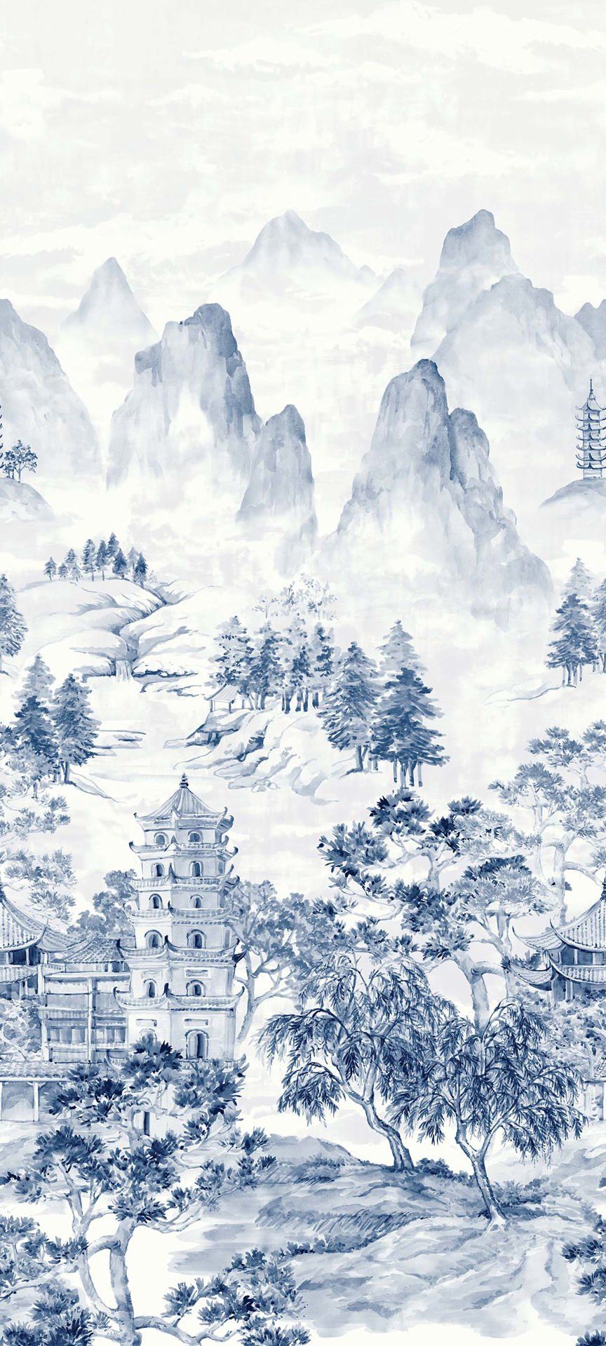864x1920 Stoney Lane Mural Wash. Blues Ikat, Shibori and Watercolor Wallpaper for Bedroom, Kitchen, and Half Bath