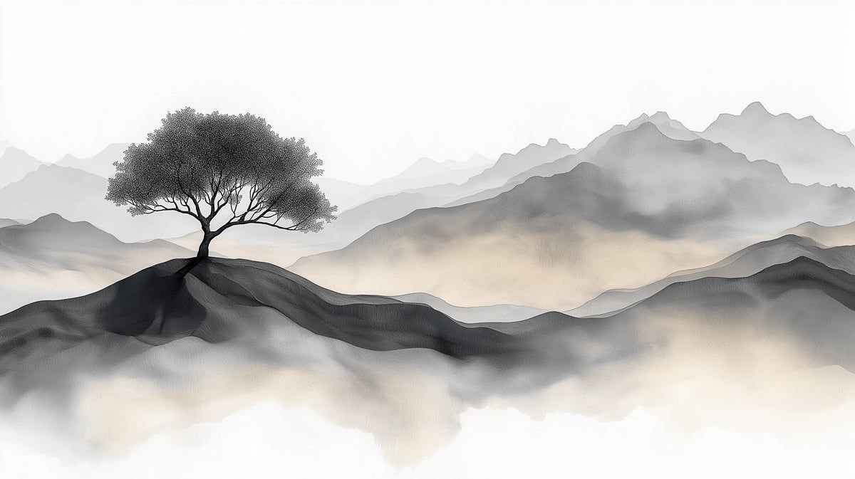 1200x673 Minimalist Ink Wash Tree on Hill Mural Wallpaper. Zen Landscape Art