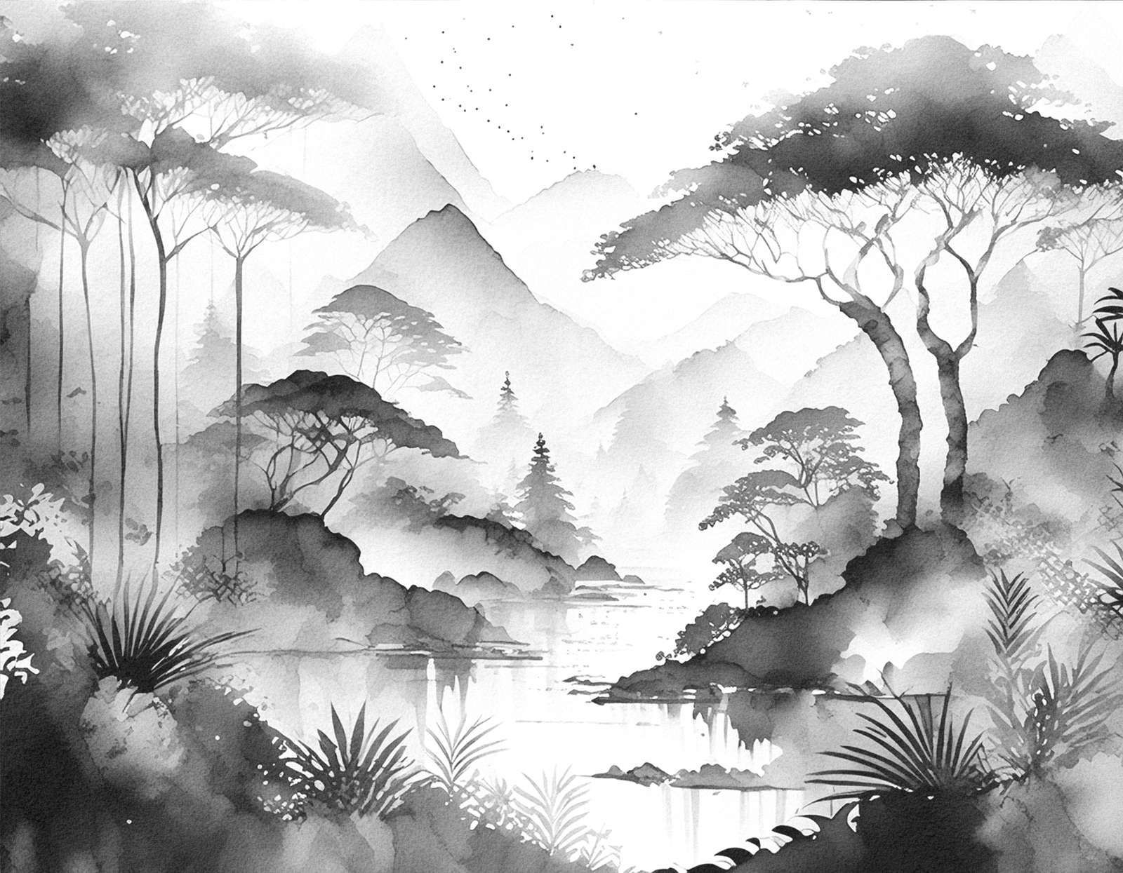 1600x1245 Wall Mural Lake in Misty Ink
