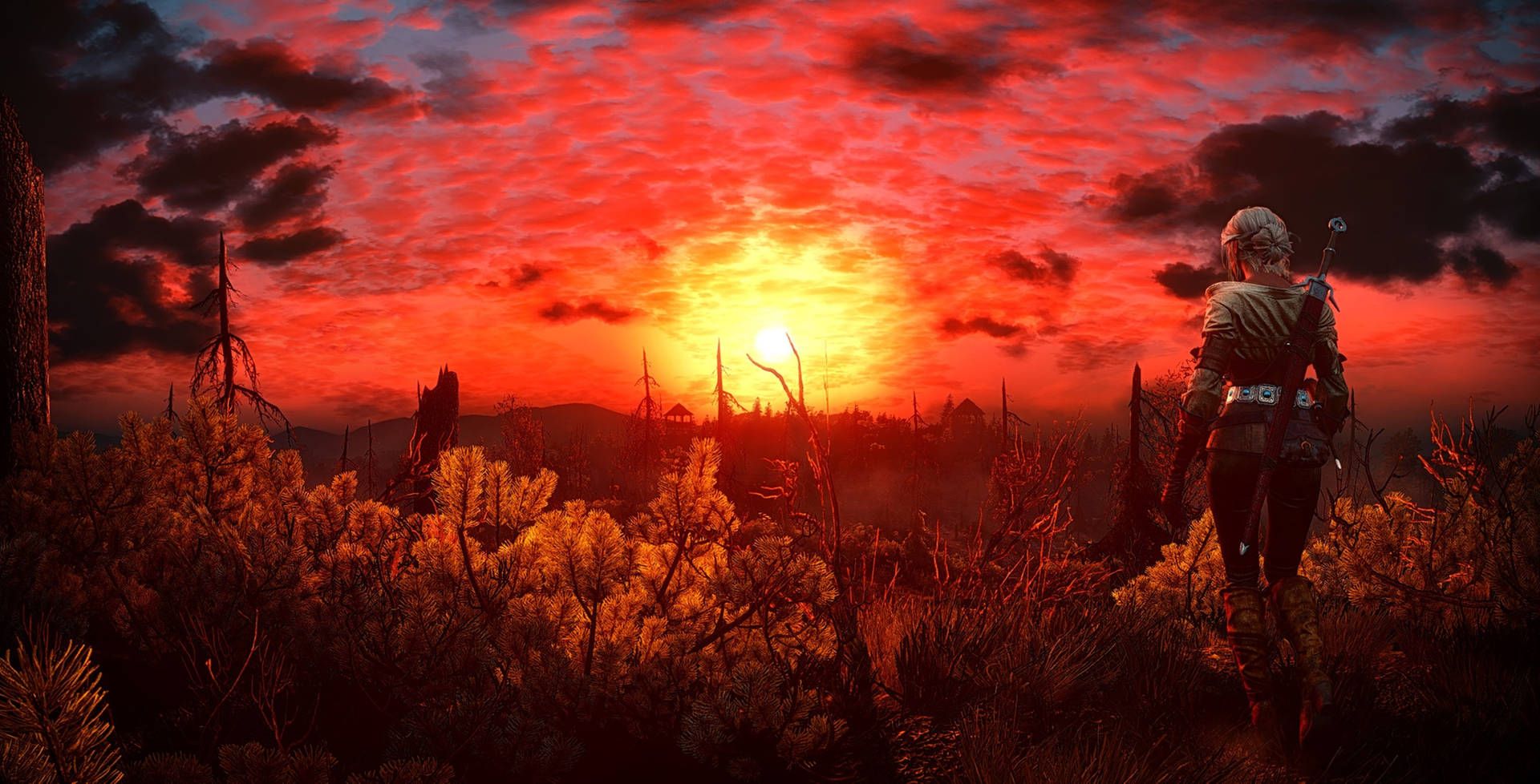 1920x978 Download A Blood Orange Sunrise on the Skellige Isles, as seen in Witcher 3 Wallpaper
