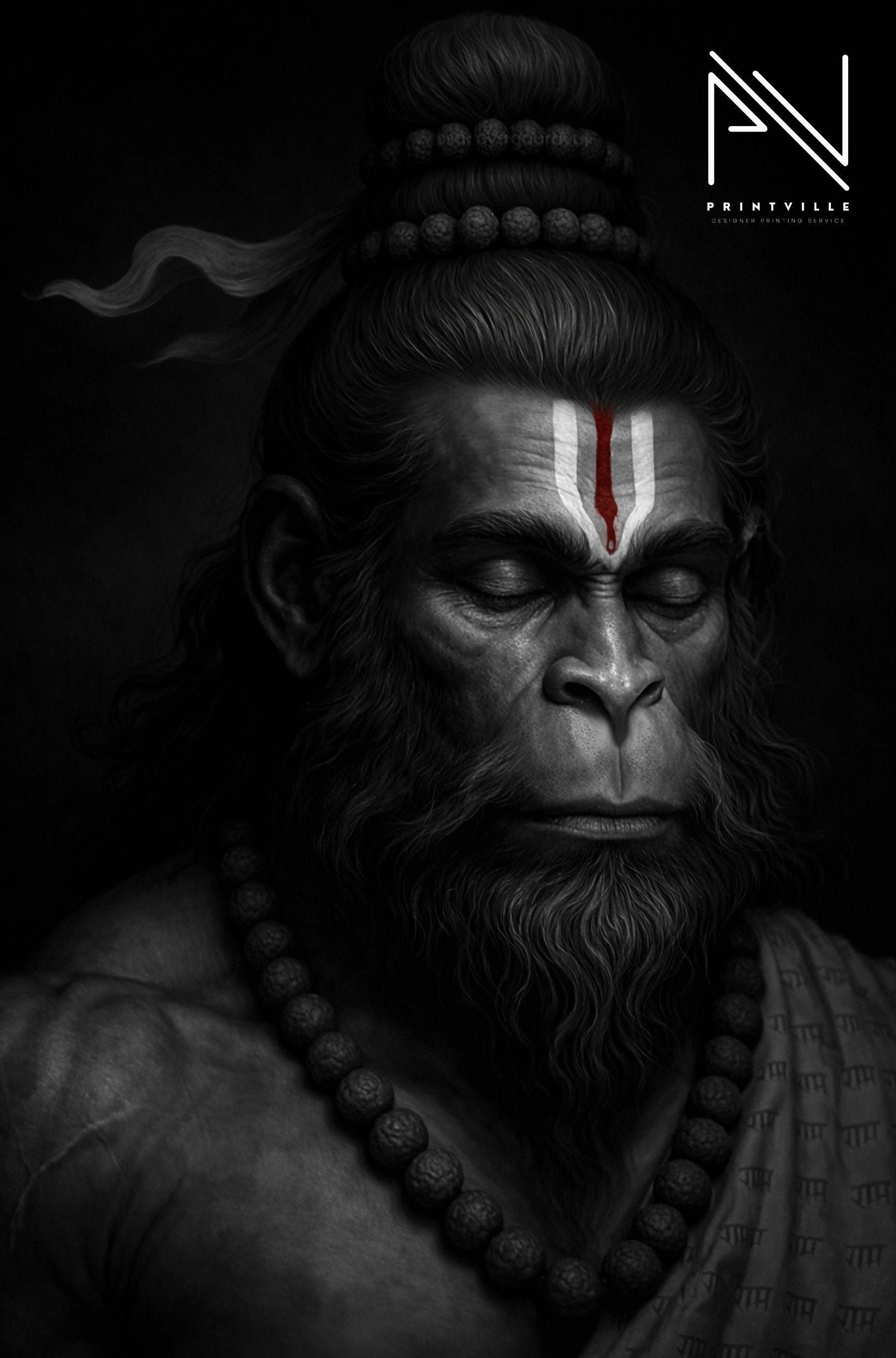 1650x2500 Lord Hanuman Wall Art Canvas Print. Meditative Bajrang Bali Artwork. Hindu God Hanuman Black & White Poster. Spiritual Home Decor