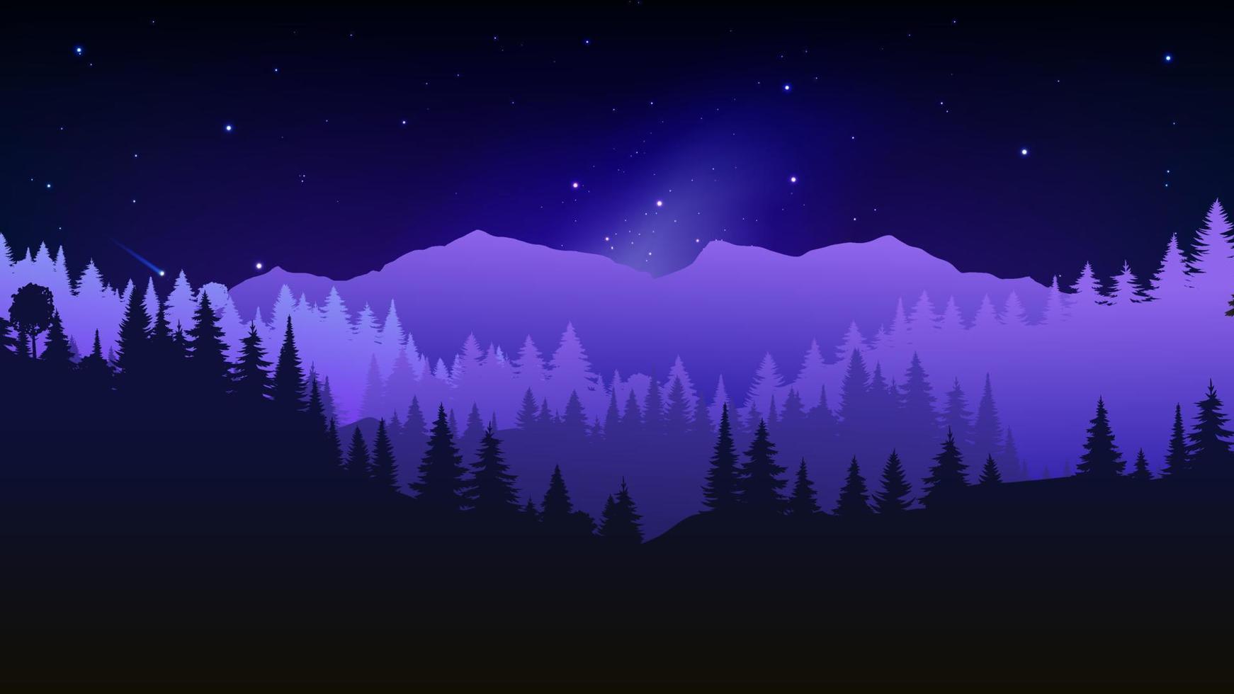 1742x980 Silhouette landscape with fog, forest, pine trees, mountains. Illustration of night view, mist. Navy blue. Good for wallpaper, background, web banner, cover, poster