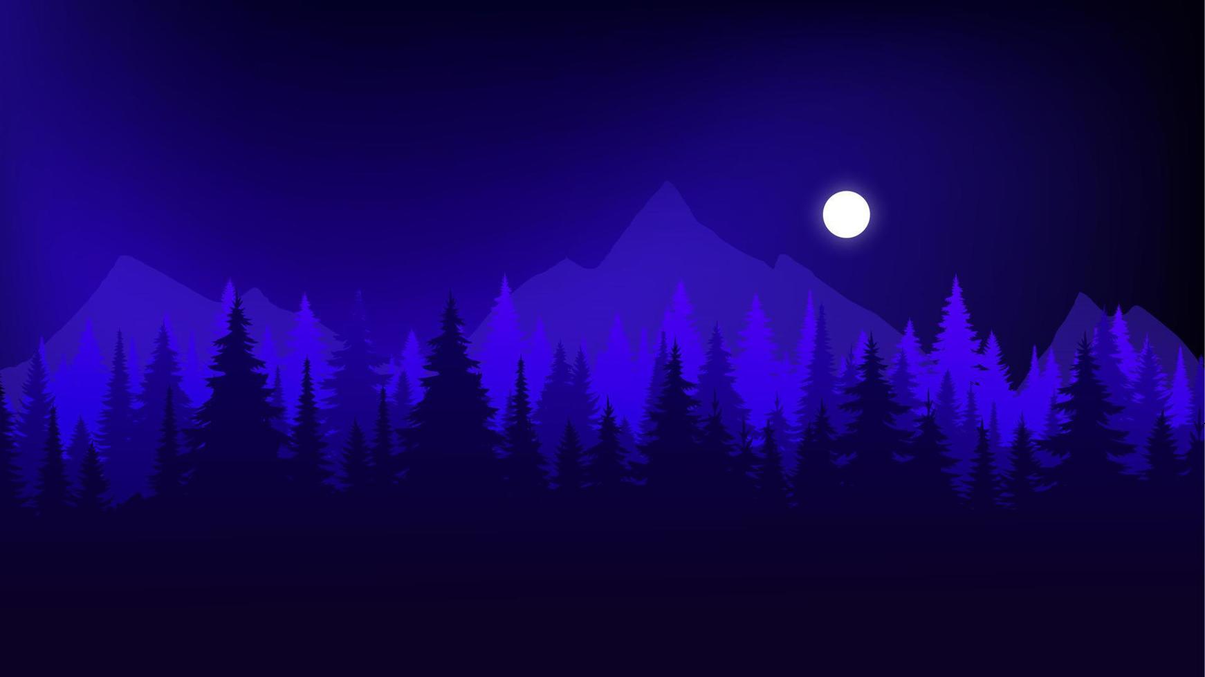 1742x980 Silhouette landscape with fog, forest, pine trees, mountains. Illustration of night view, moon shine, mist. Navy blue. Good for wallpaper, background, web banner, cover, poster