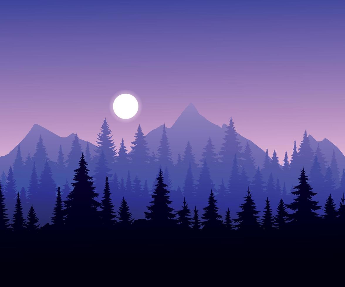 1176x980 Silhouette landscape with fog, forest, pine trees, purple mountains. Illustration of view, mist and sunset. Good for wallpaper, background, banner, cover, poster