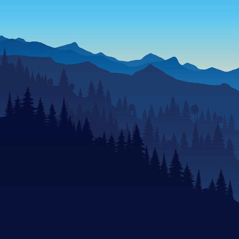 980x980 Simple monochromatic silhouette landscape with fog, forest, blue mountains. Illustration of view, mist and silhouettes mountains. Good for wallpaper, background, banner, cover, poster