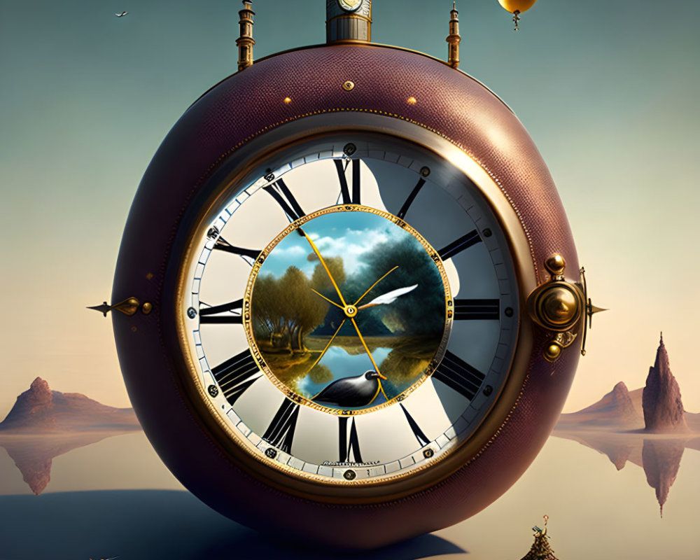 1000x800 image of the Giant Ornate Clock of Time, hovering over the Ocean of Neptune. Deep Dream Generator