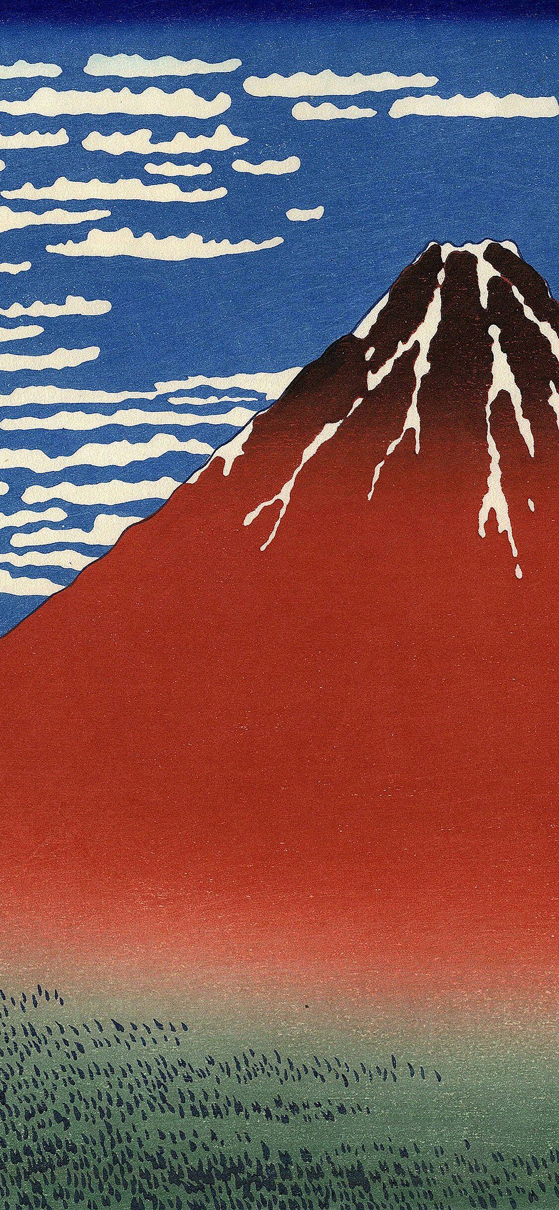 1125x2436 Red Fuji Mountain Hokusai Illust Art iPhone Wallpaper