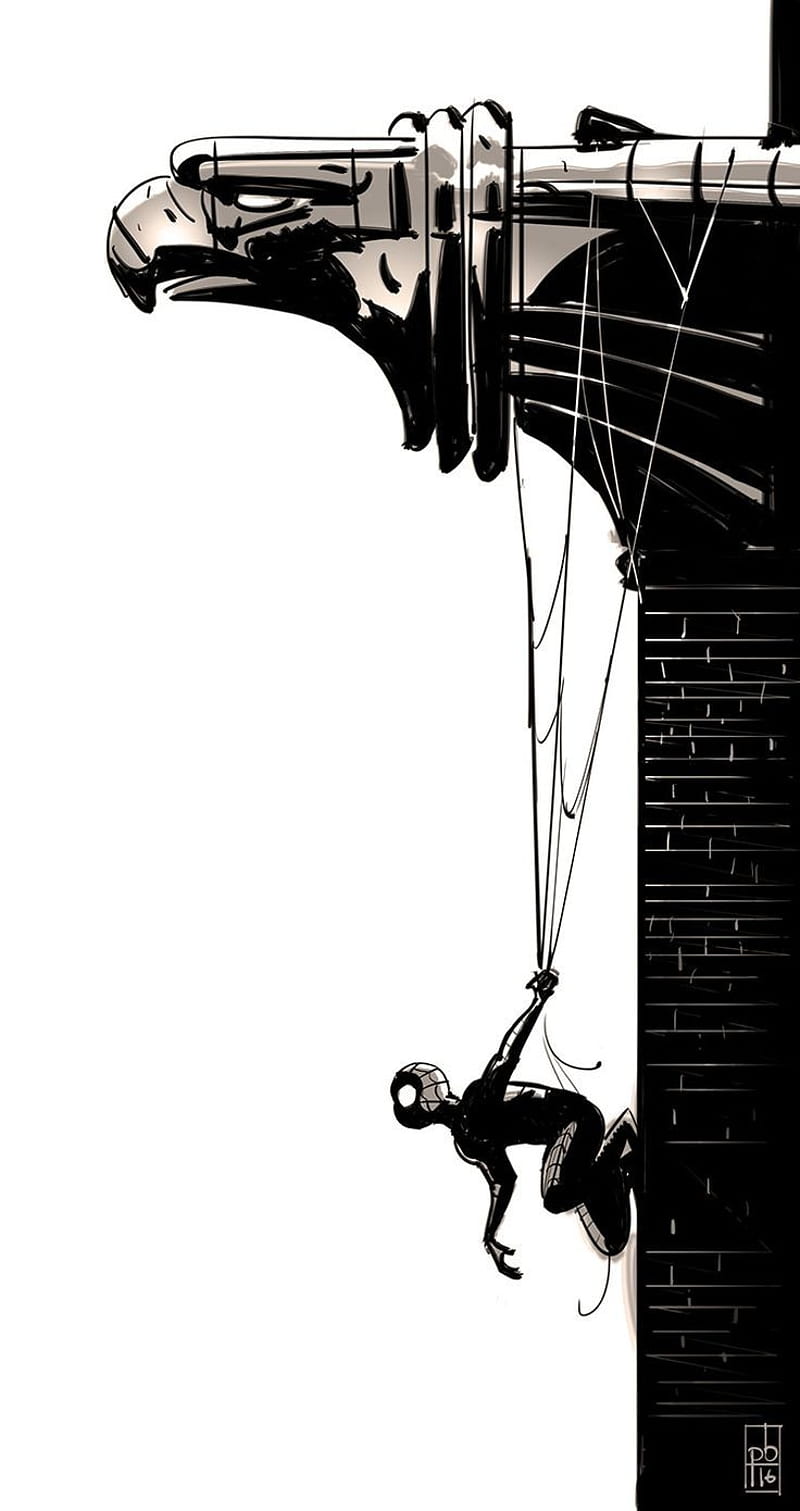800x1511 Spiderman eagletower, art, black and white, cartoon character, HD phone wallpaper