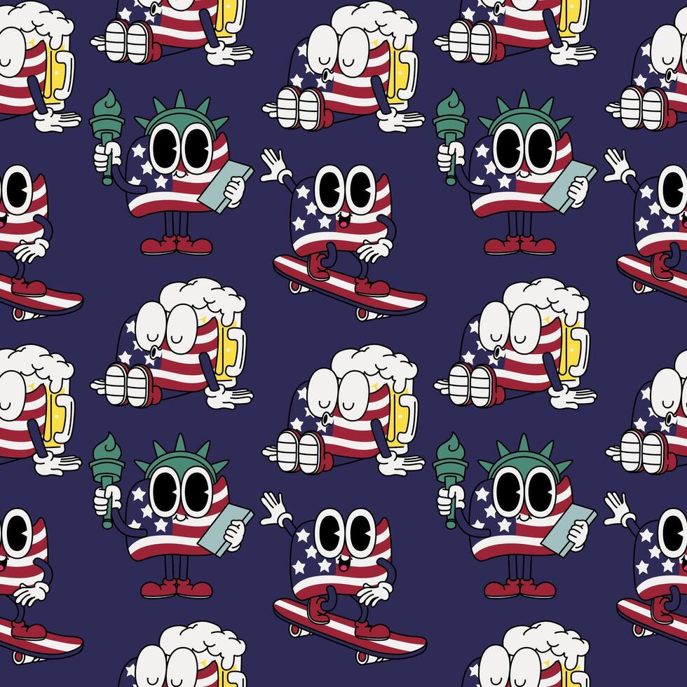 980x980 Patriotic American Flag USA whimsical retro cartoon character mascot 4th of July chill seamless pattern