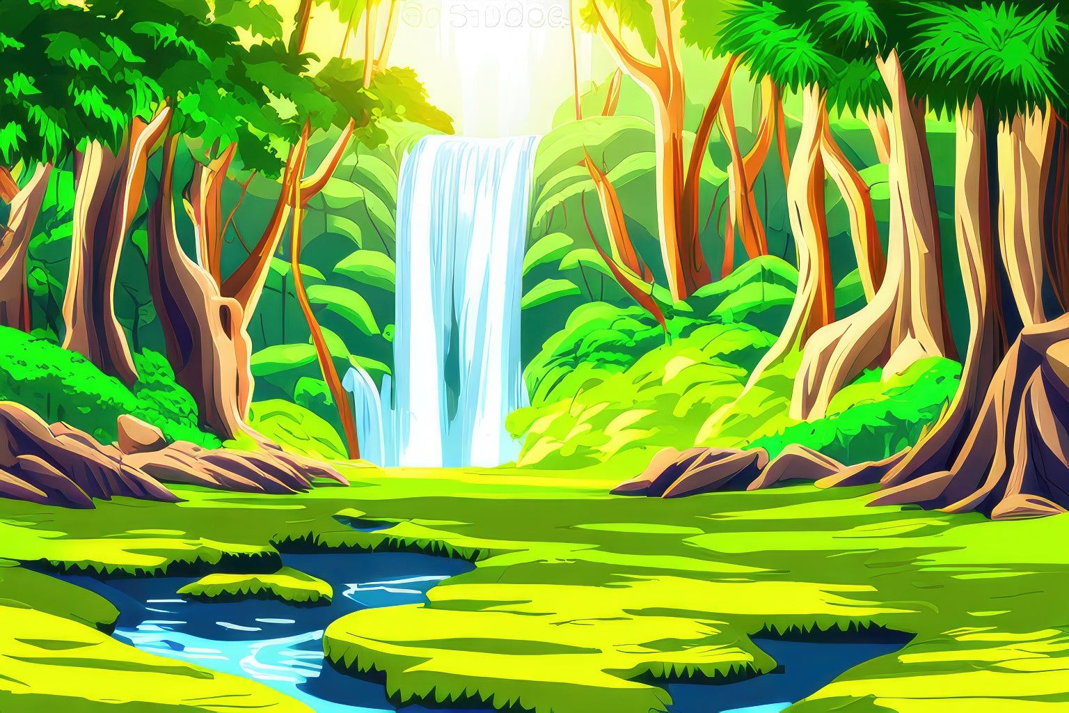 1536x1024 Waterfall in A Lush Jungle Illustration I