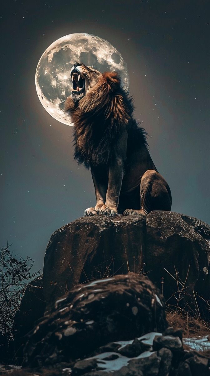 673x1200 lion growling at the moon