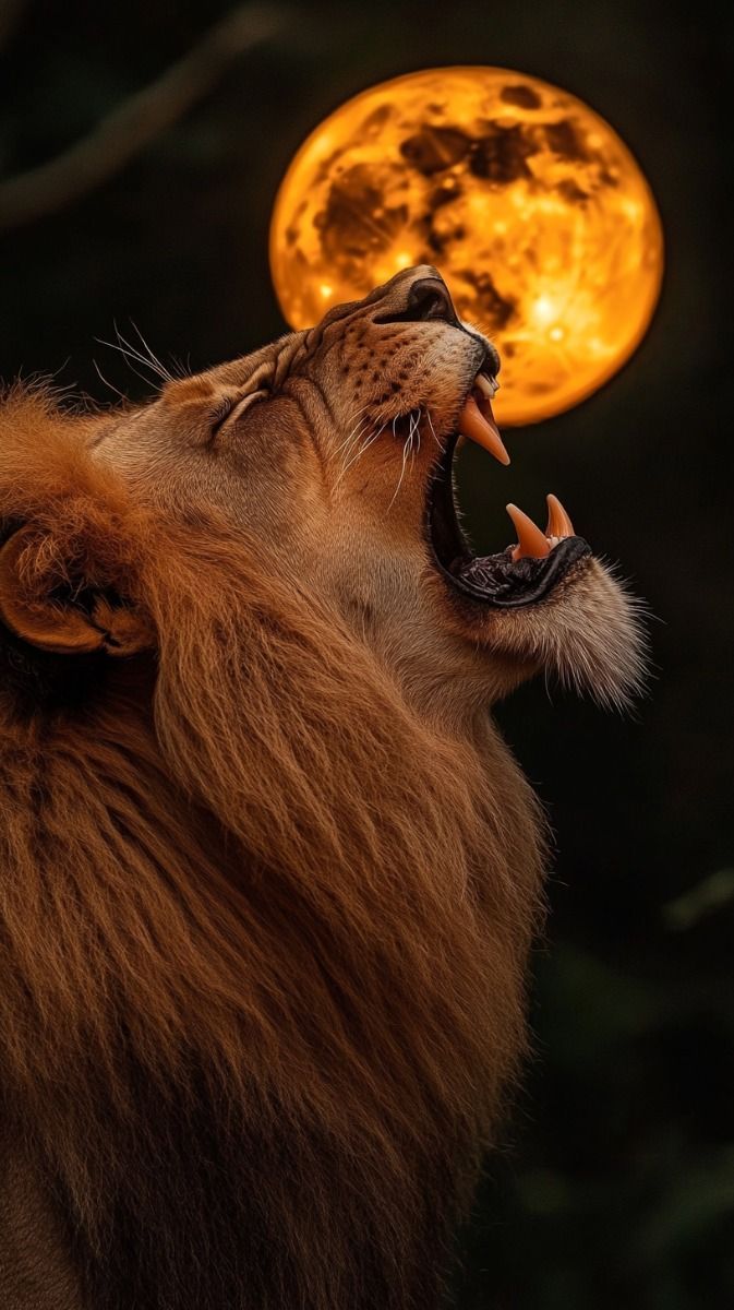 673x1200 Magnificent lion roaring at the moon