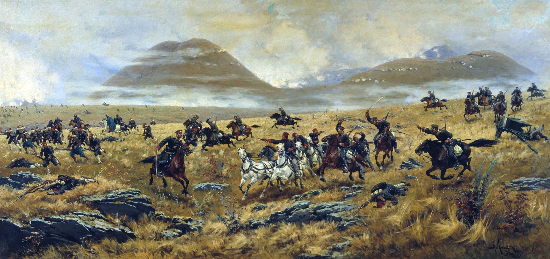 2334x1100 Wallpaper Herd, Painting, Battle, Ecoregion, Steppe, Background Free Image