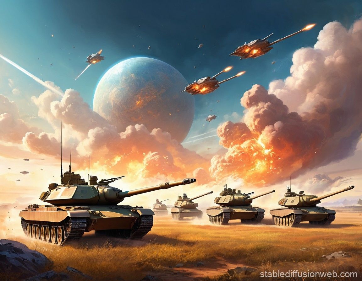 1152x896 Technological War Field with Tanks. Stable Diffusion Online