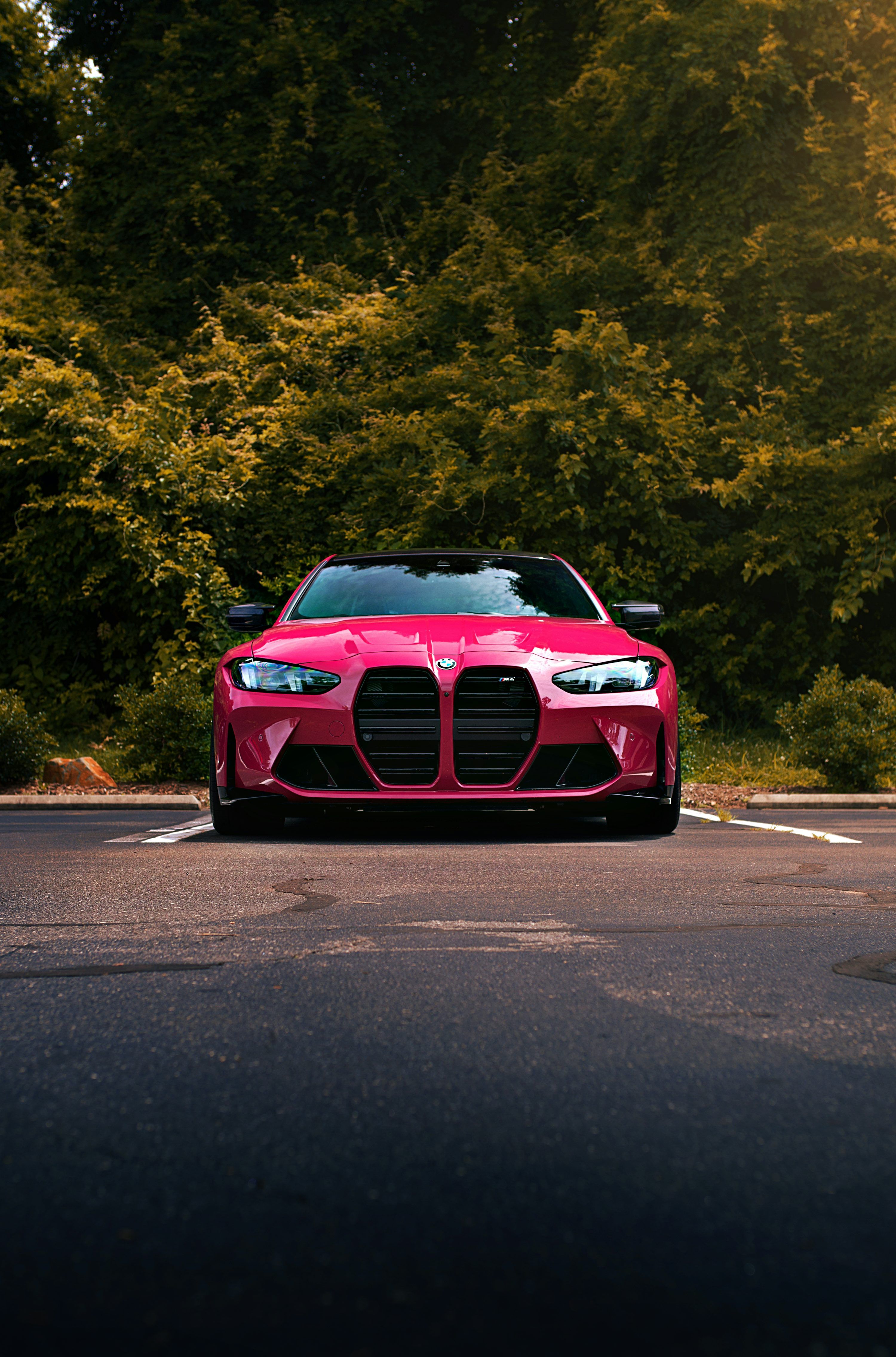 3000x4544 A pink BMW car is parked in a lot. photo