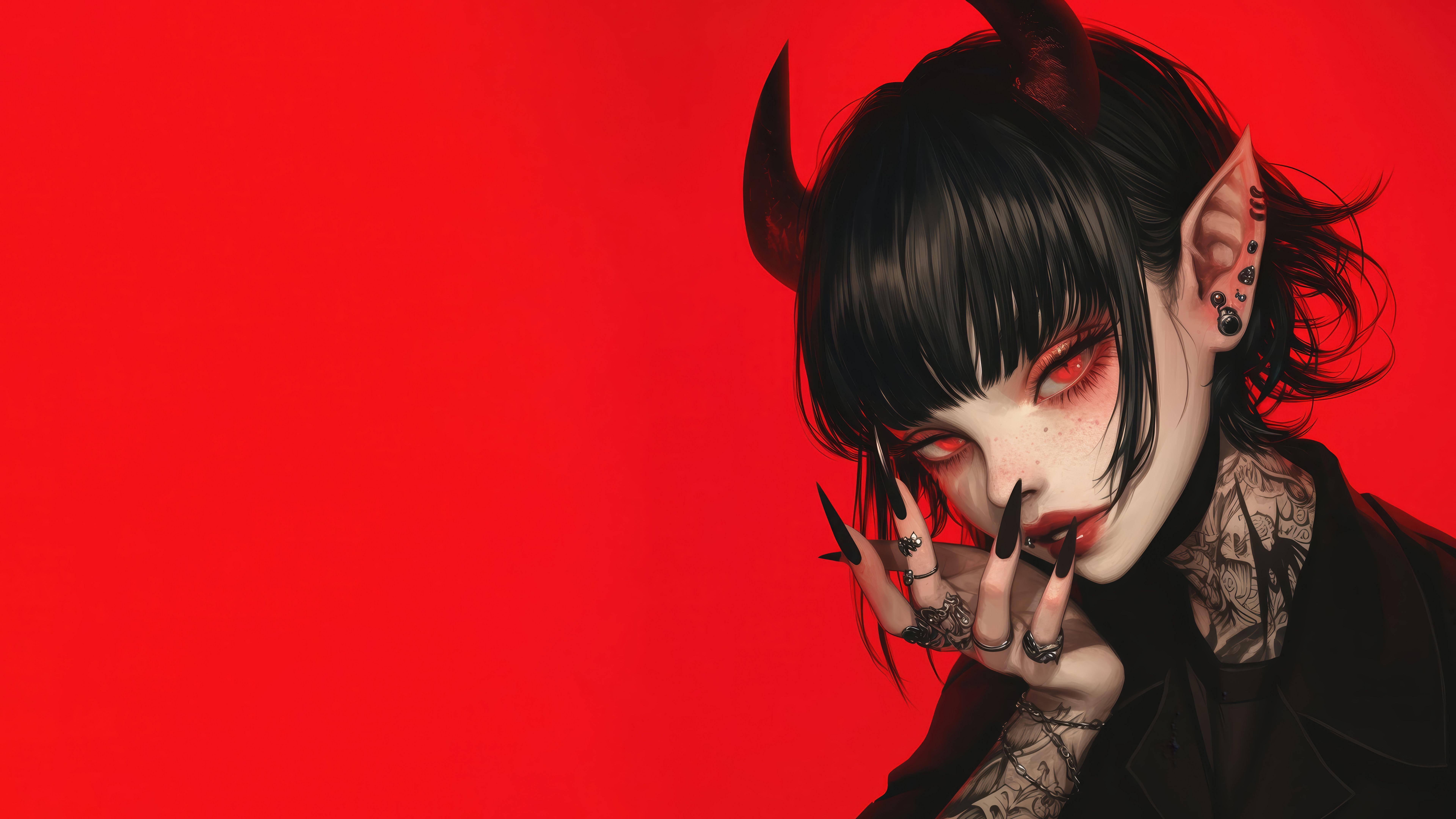 7680x4320 Anime Girl Red Eyes Demon Horn Wallpaper 4K 8K HD PC b