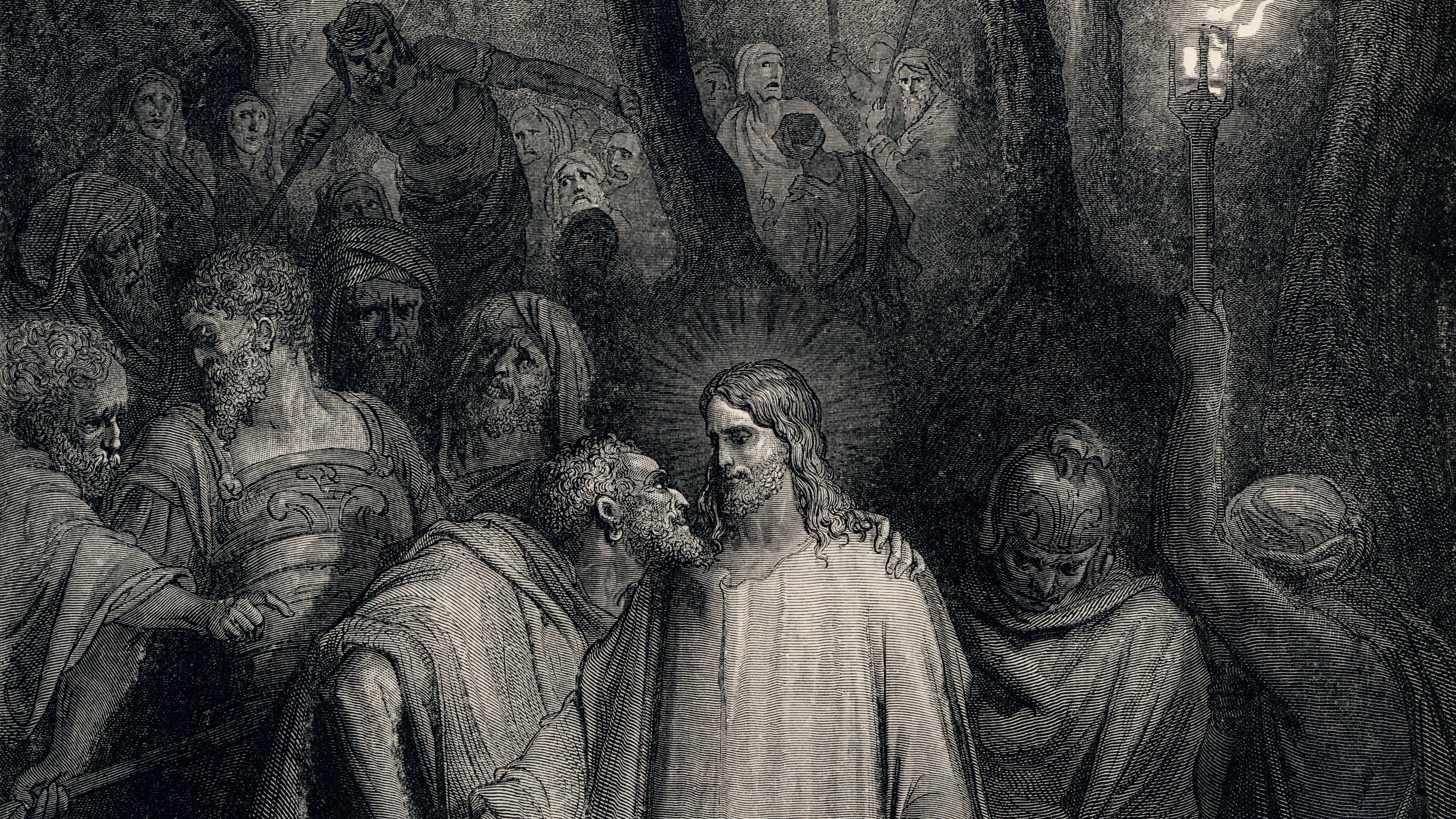 4600x2588 4K Ultra HD Artistic Illustration: Timeless Encounter in Shadowed Crowd by Gustave Doréx2588