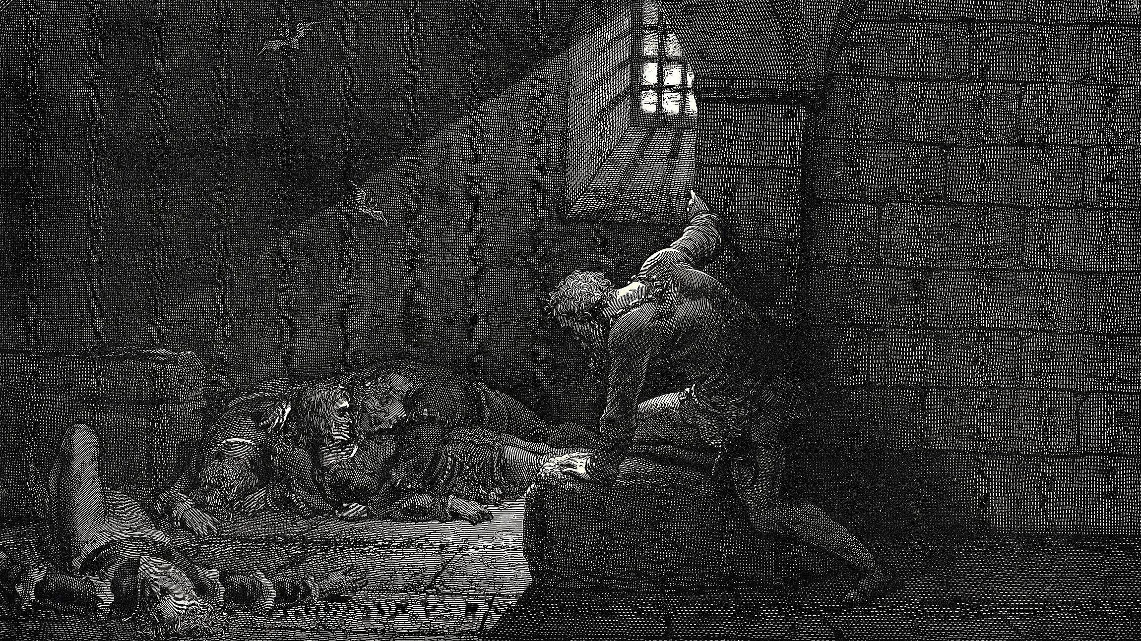 2300x1293 Dark Prison Drama: Artistic HD Illustration Wallpaper by Gustave Doréx1293