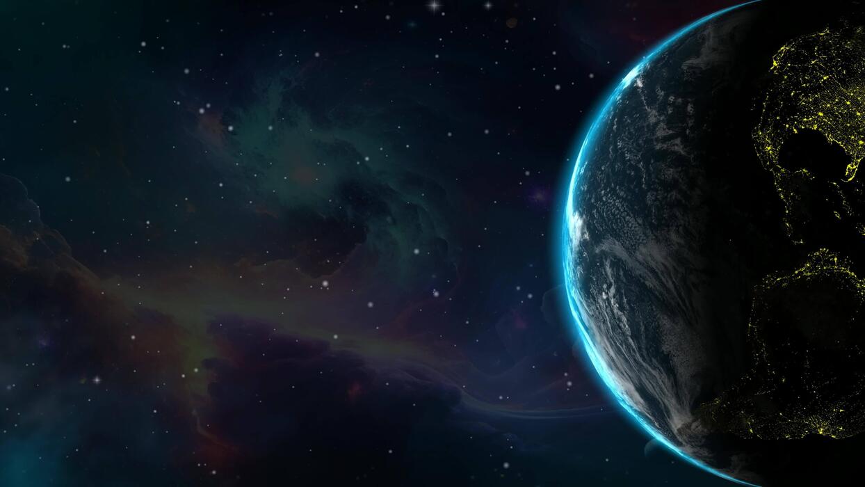 1244x700 Elegant Universe Sequence with Earth Rotating Amongst Stars, Sunlight, and Nebula in a Stunning Exclusive Space Background
