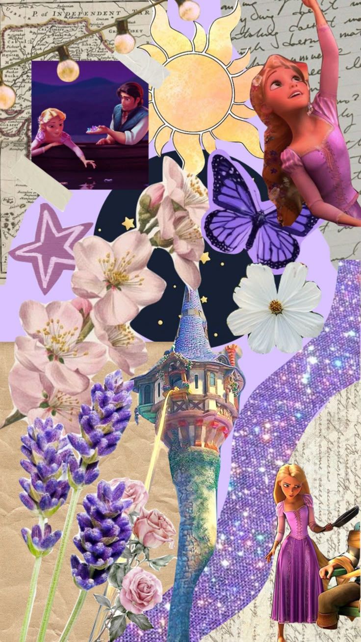 736x1308 Check out madsinlove's Shuffles #disneywallpaper #rapunzel #tangled #purplewallpaper #flowers #moodboarder #collage. Tangled flower background, Disney