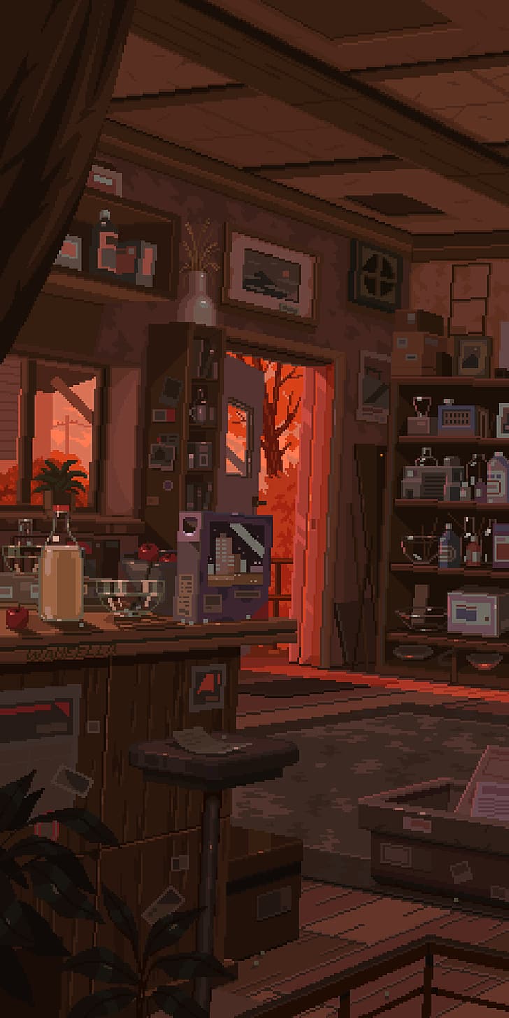 728x1456 HD wallpaper: waneella, pixel art, room, digital art, portrait display