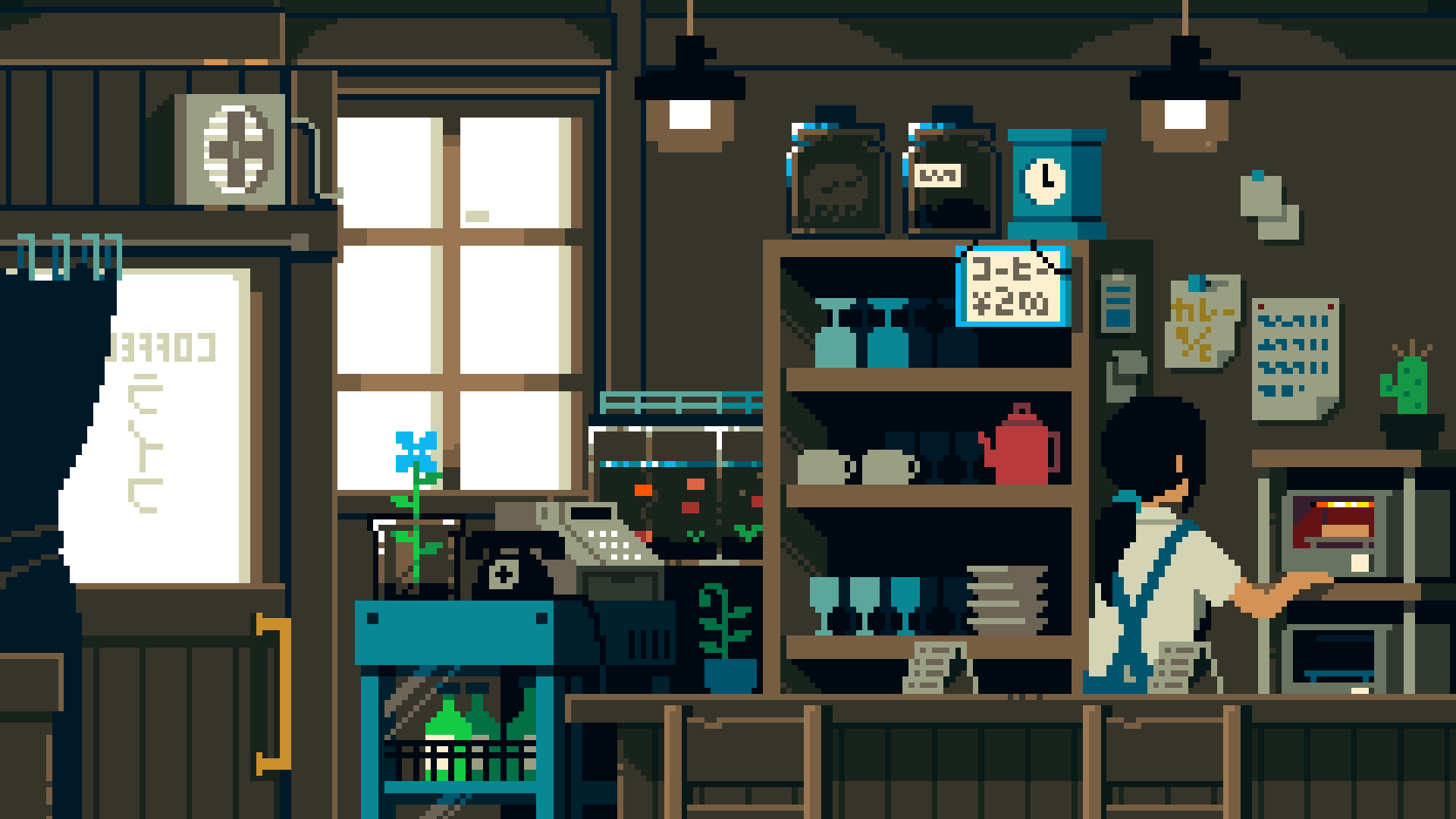1920x1080 Cozy Animated Café Scene in Pixel Art Room