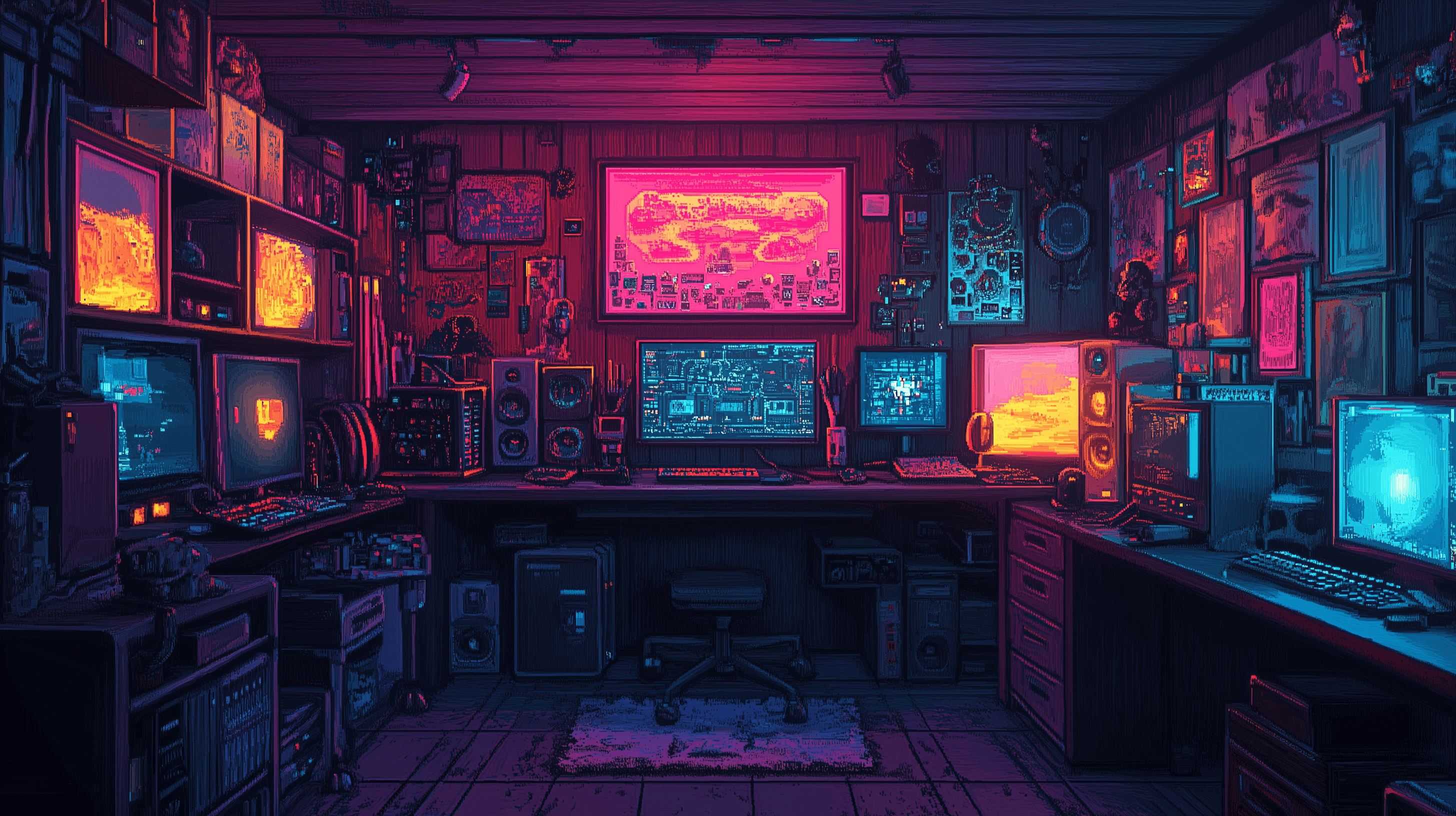 2912x1632 Pixelated AI Desk: HD Retro Tech Haven Wallpaperx1632