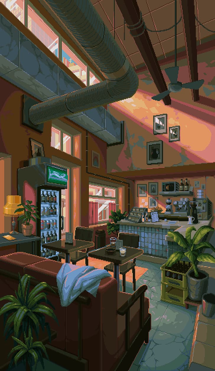 728x1255 HD wallpaper: waneella, pixel art, digital art, portrait display, room, plants